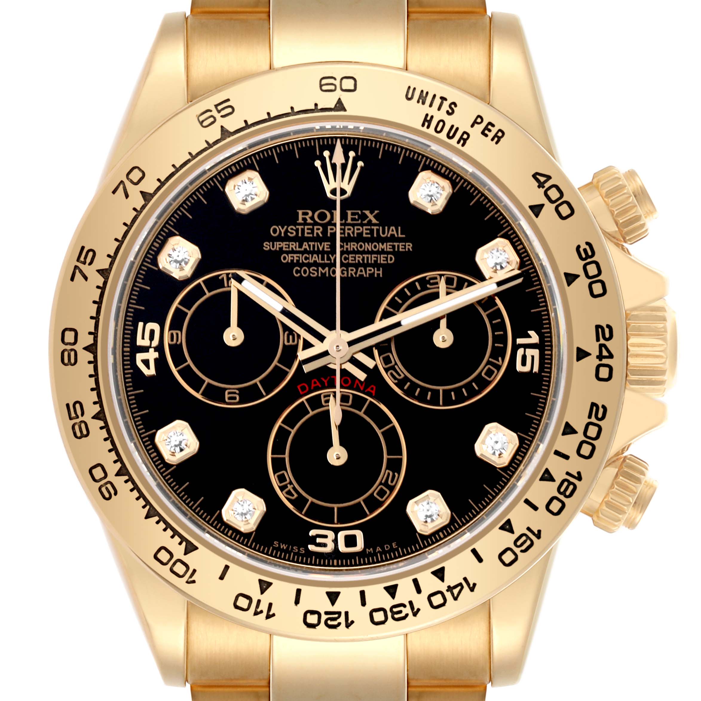 The Rolex Daytona 116508 Men
s Yellow Gold Black Dial 116508 Men
s Yellow Gold Black Dial watch is shown from the front, displaying its black dial, subdials, diamond hour markers, and gold bezel.