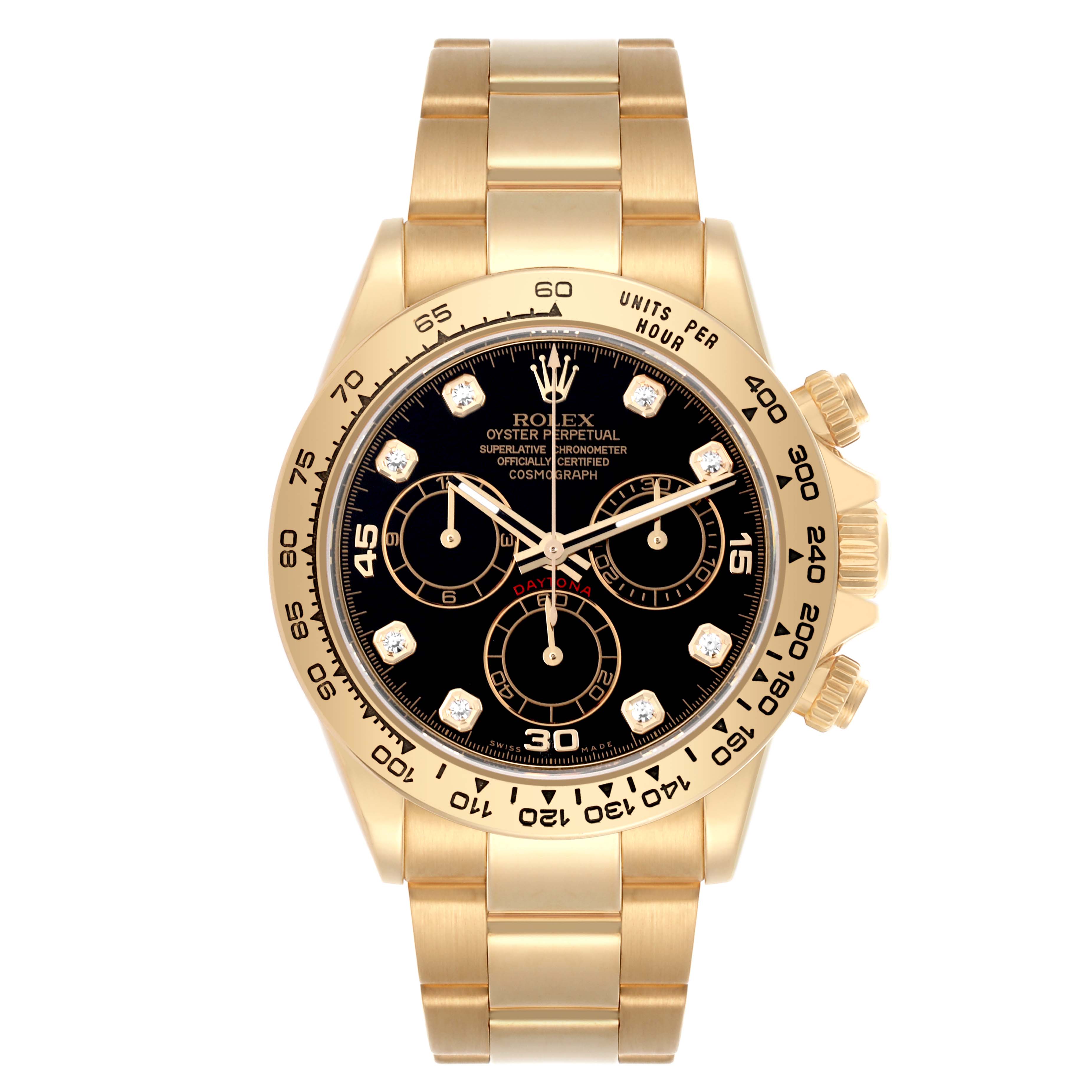The Rolex Daytona 116508 Men
s Yellow Gold Black Dial 116508 Men
s Yellow Gold Black Dial watch is shown from a front angle, highlighting its gold bracelet, bezel, and black dial with three sub-dials.