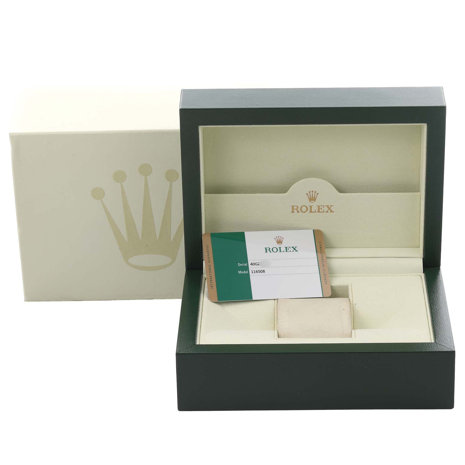 The image shows a Rolex Daytona 116508 Men
s Yellow Gold Black Dial 116508 Men
s Yellow Gold Black Dial watch box and certificate, viewed from the front with the box open.