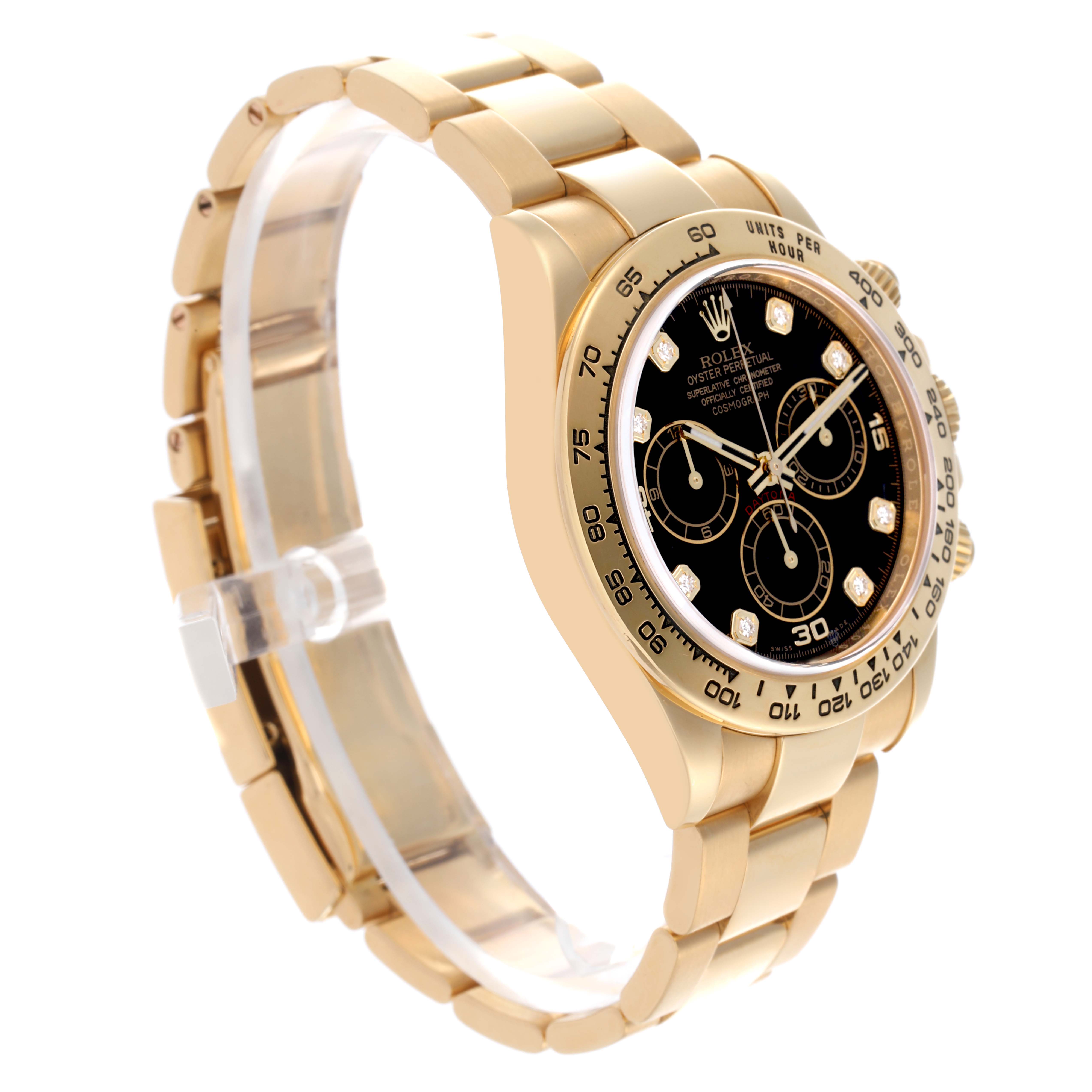 The Rolex Daytona 116508 Men
s Yellow Gold Black Dial 116508 Men
s Yellow Gold Black Dial watch is shown at a three-quarter angle, highlighting its gold bracelet, black dial, and tachymetric bezel.