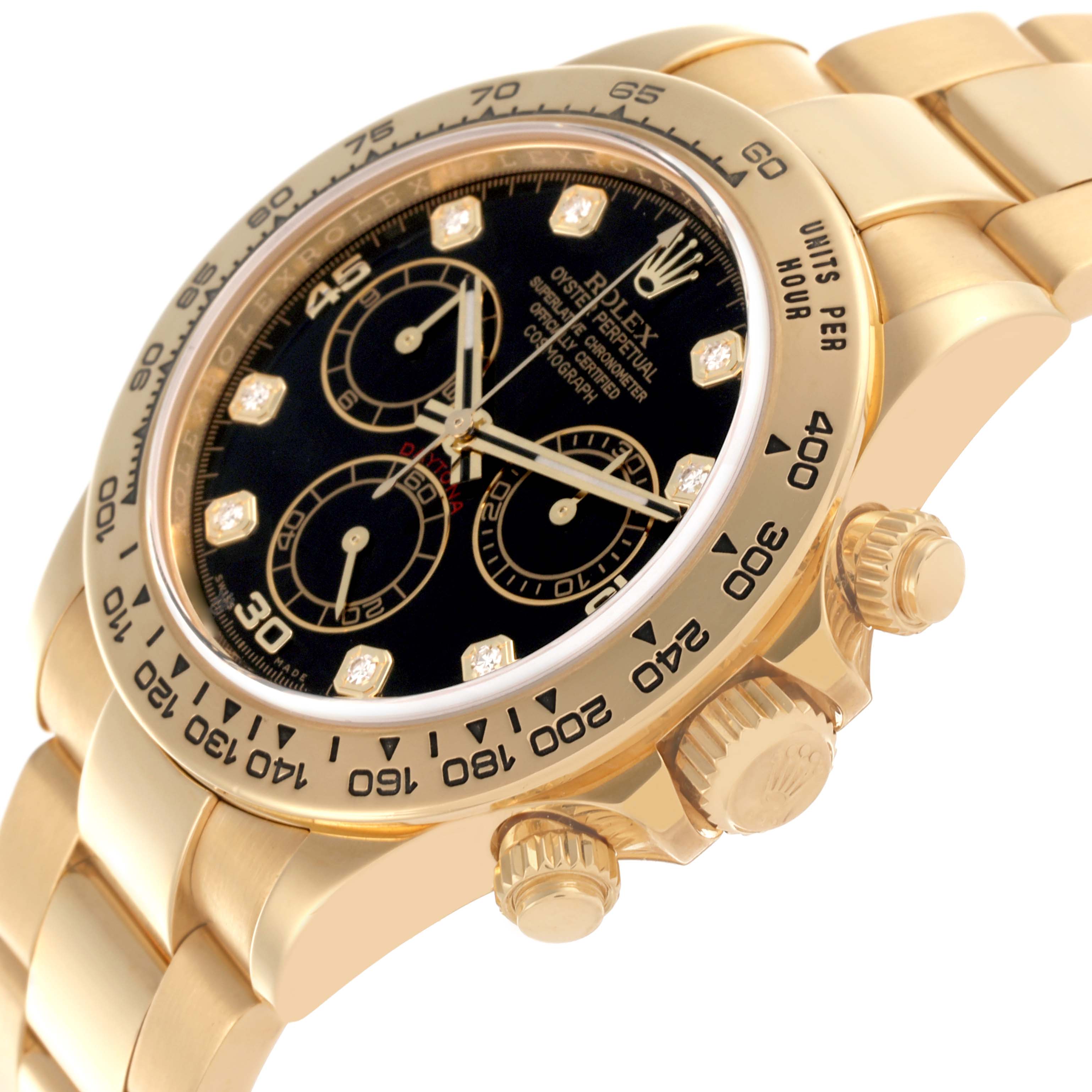 The image shows a side angle of the Rolex Daytona 116508 Men
s Yellow Gold Black Dial 116508 Men
s Yellow Gold Black Dial, featuring the bezel, crown, and bracelet prominently.