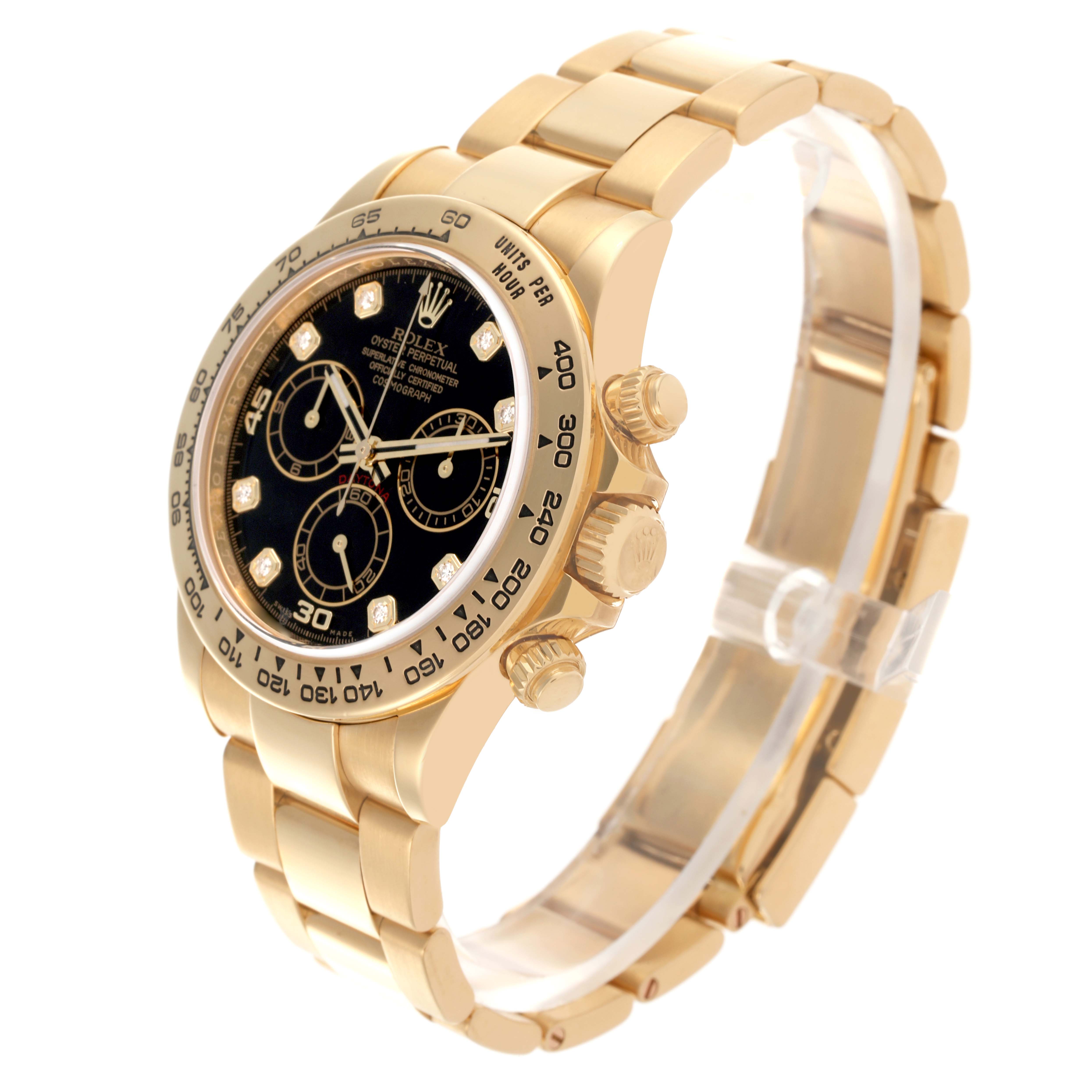 The Rolex Daytona 116508 Men
s Yellow Gold Black Dial 116508 Men
s Yellow Gold Black Dial watch is shown at a three-quarter angle, highlighting the dial, bezel, and bracelet.