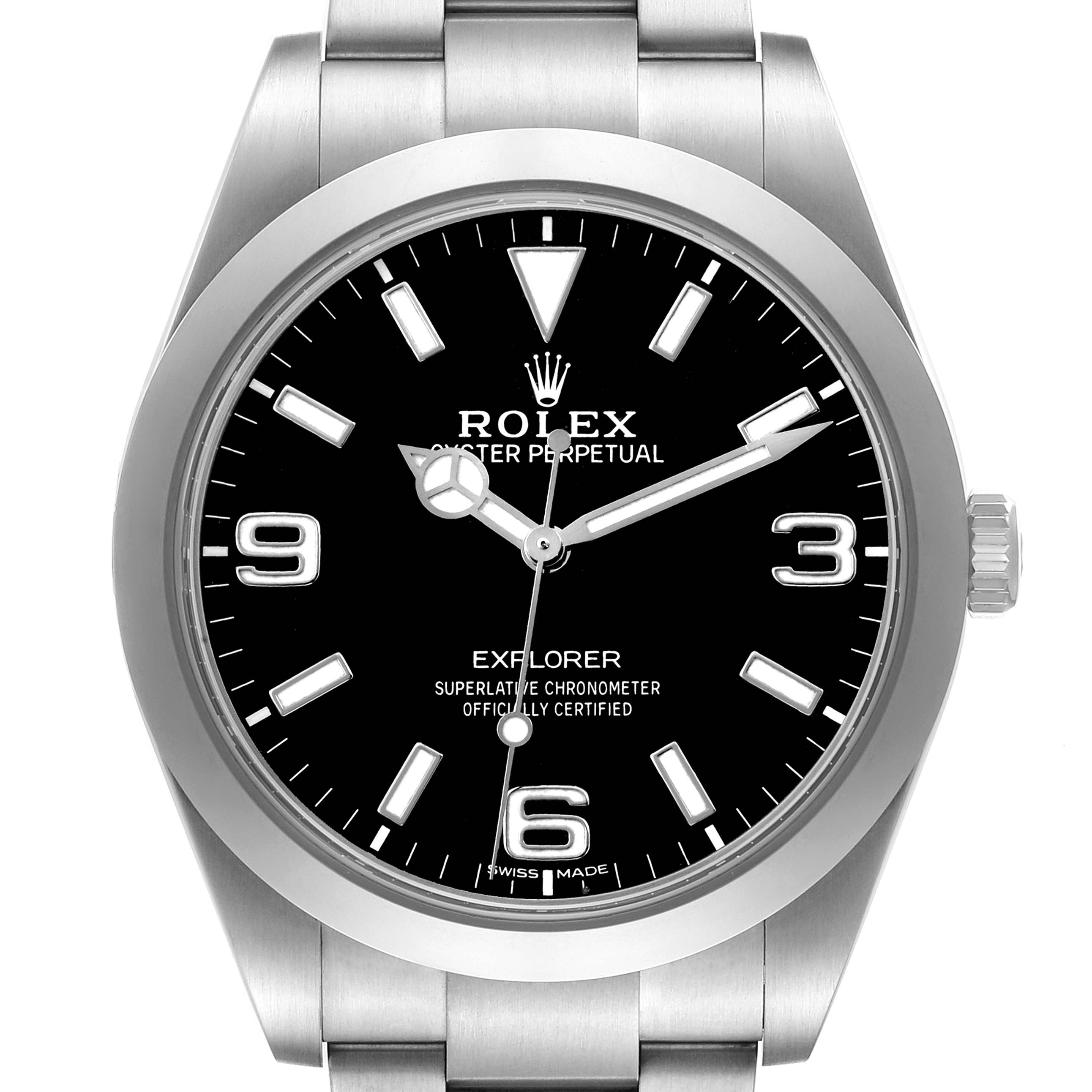 The Rolex Explorer 214270 Men's Stainless Steel Black Dial watch is shown from a front angle, displaying the dial, hands, and part of the bracelet.