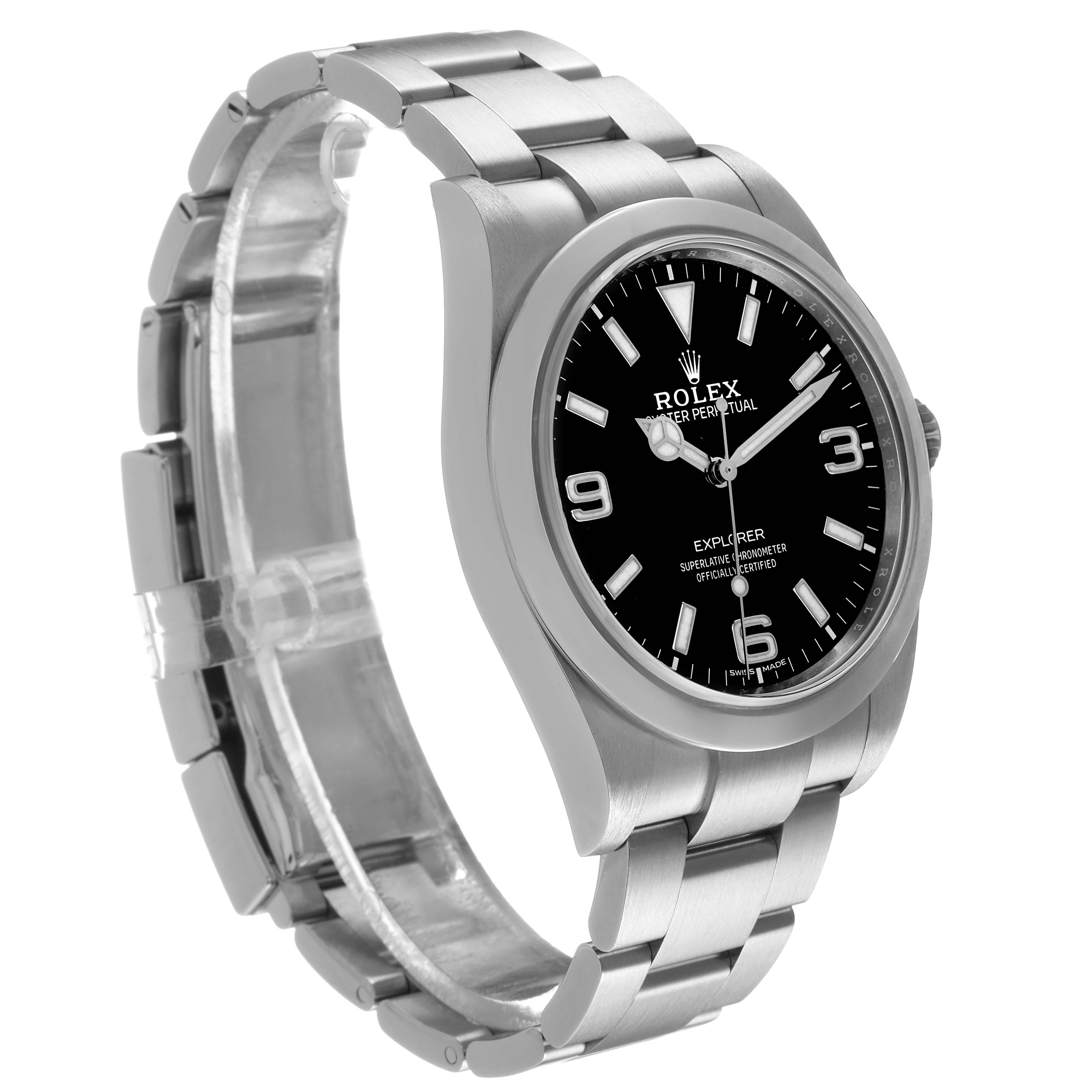 The Rolex Explorer 214270 Men's Stainless Steel Black Dial watch is shown at a slight side angle, displaying its black dial, bezel, and bracelet with a clear view of the clasp.