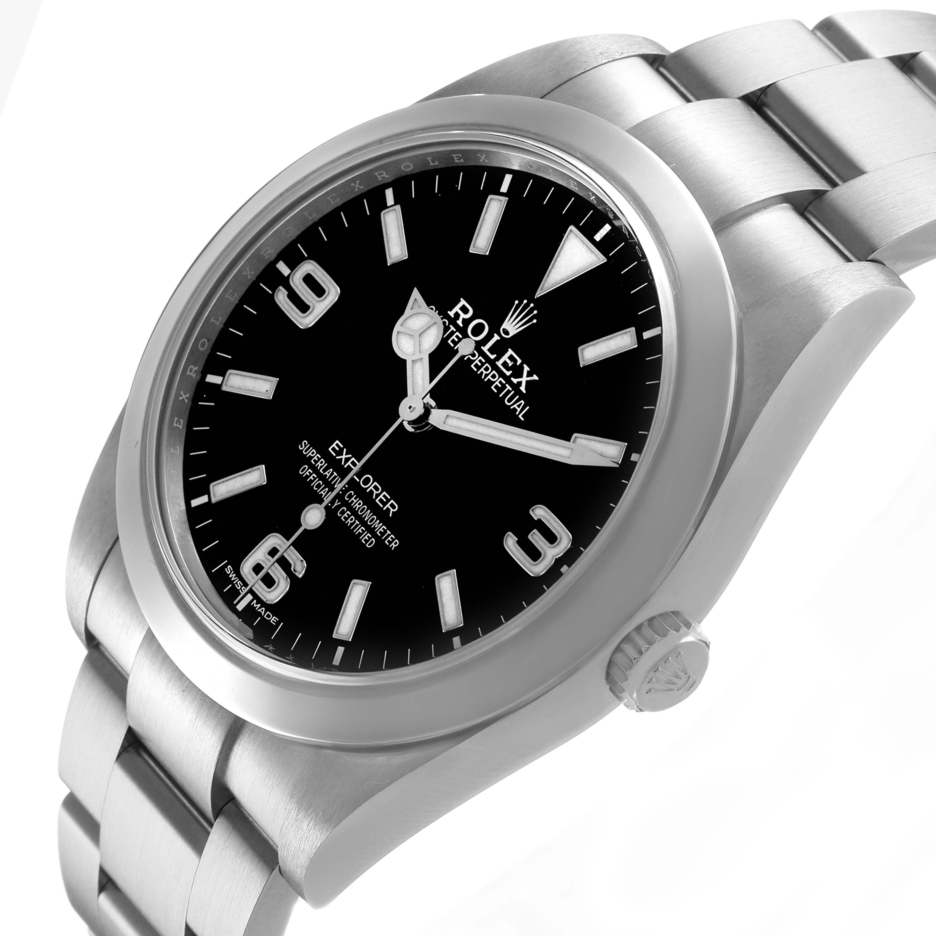 The Rolex Explorer 214270 Men's Stainless Steel Black Dial watch is shown at a slight angled view, highlighting the face, bezel, crown, and bracelet.