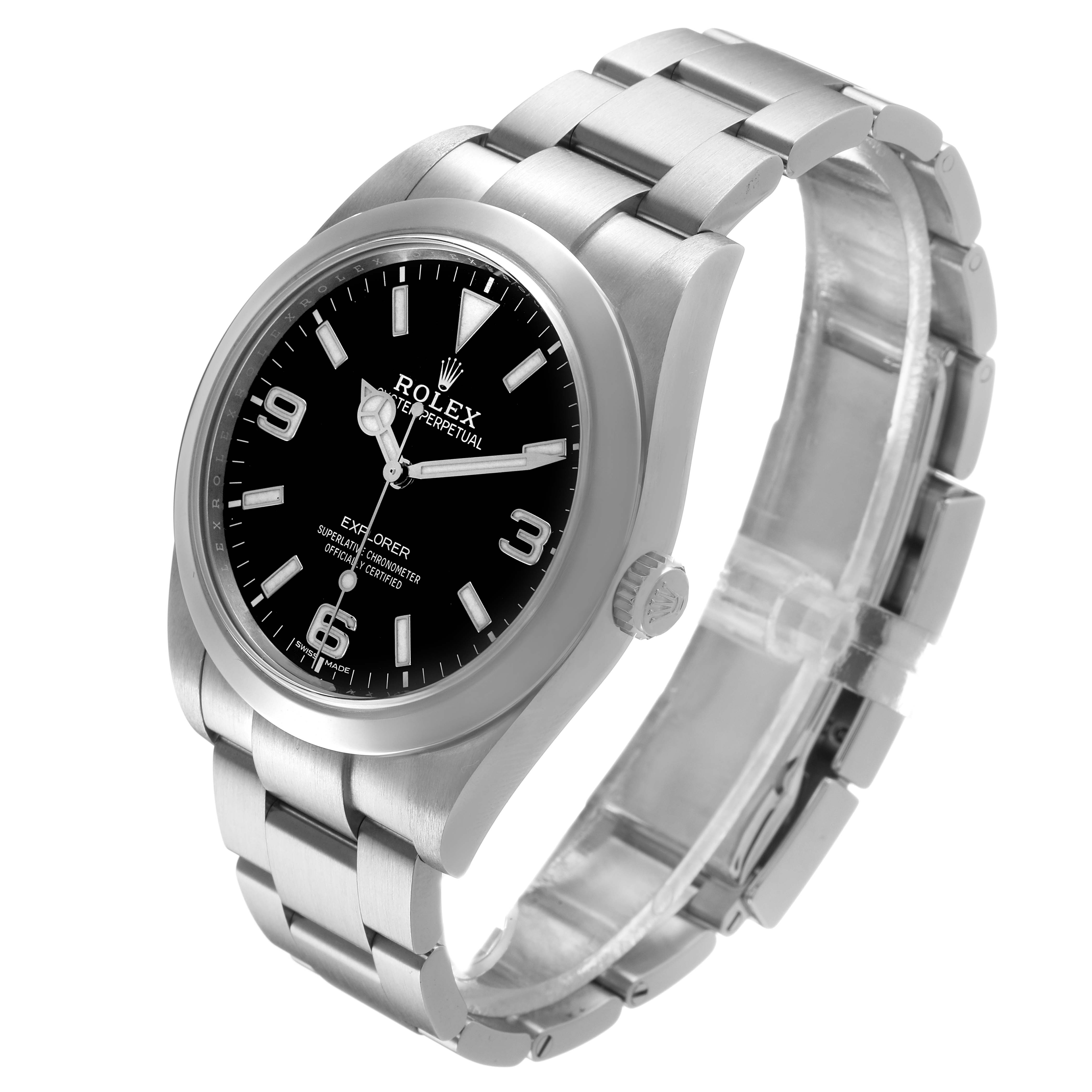 The Rolex Explorer 214270 Men's Stainless Steel Black Dial watch is shown at a three-quarter angle, displaying its face, case, bracelet, and crown.