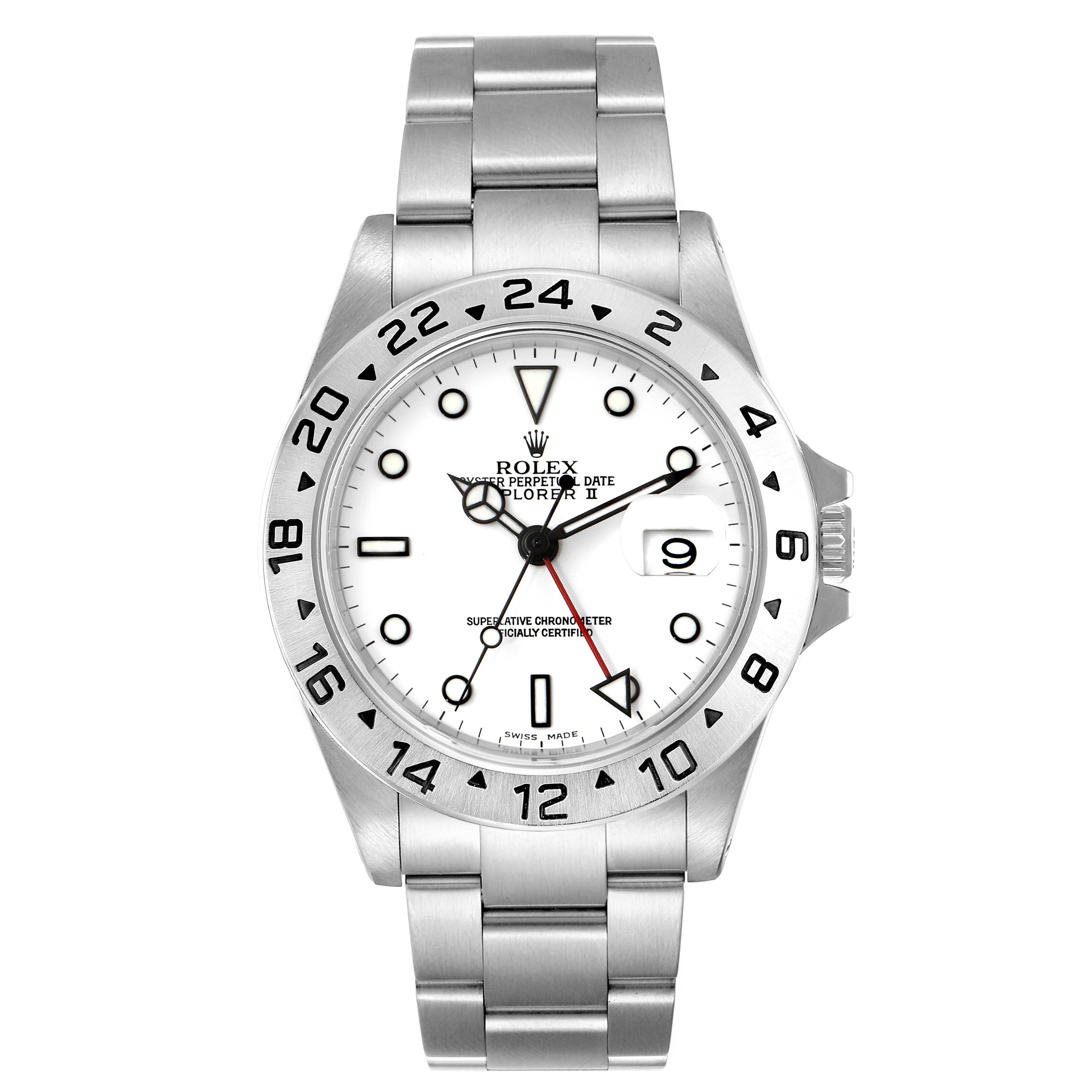 The image shows a front view of a Rolex Explorer 16570 Men
s Stainless Steel White Dial 16570 Men
s Stainless Steel White Dial watch displaying the dial, hands, bezel, and bracelet.