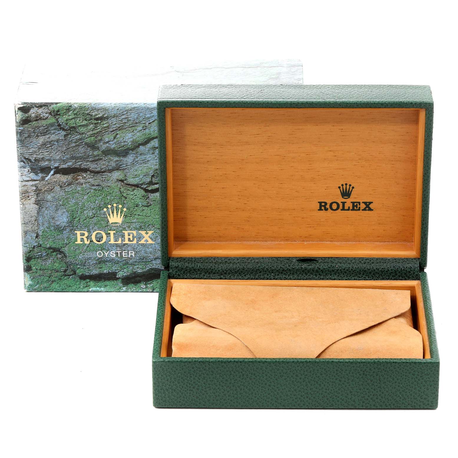 The image shows an open Rolex Explorer 16570 Men
s Stainless Steel White Dial 16570 Men
s Stainless Steel White Dial watch box, revealing a wooden interior and a leather pouch for the watch.