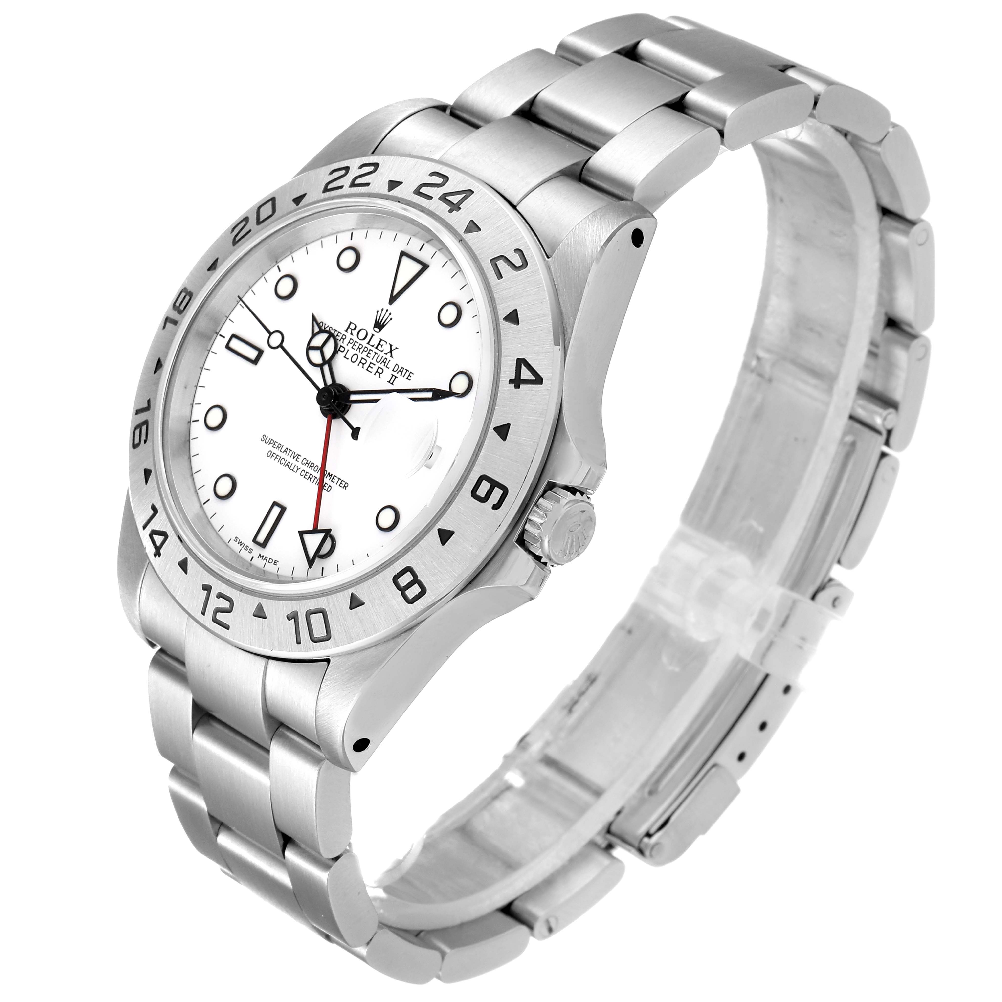The image shows a side-angle of the Rolex Explorer 16570 Men
s Stainless Steel White Dial 16570 Men
s Stainless Steel White Dial watch, highlighting the face, bezel, crown, and bracelet.