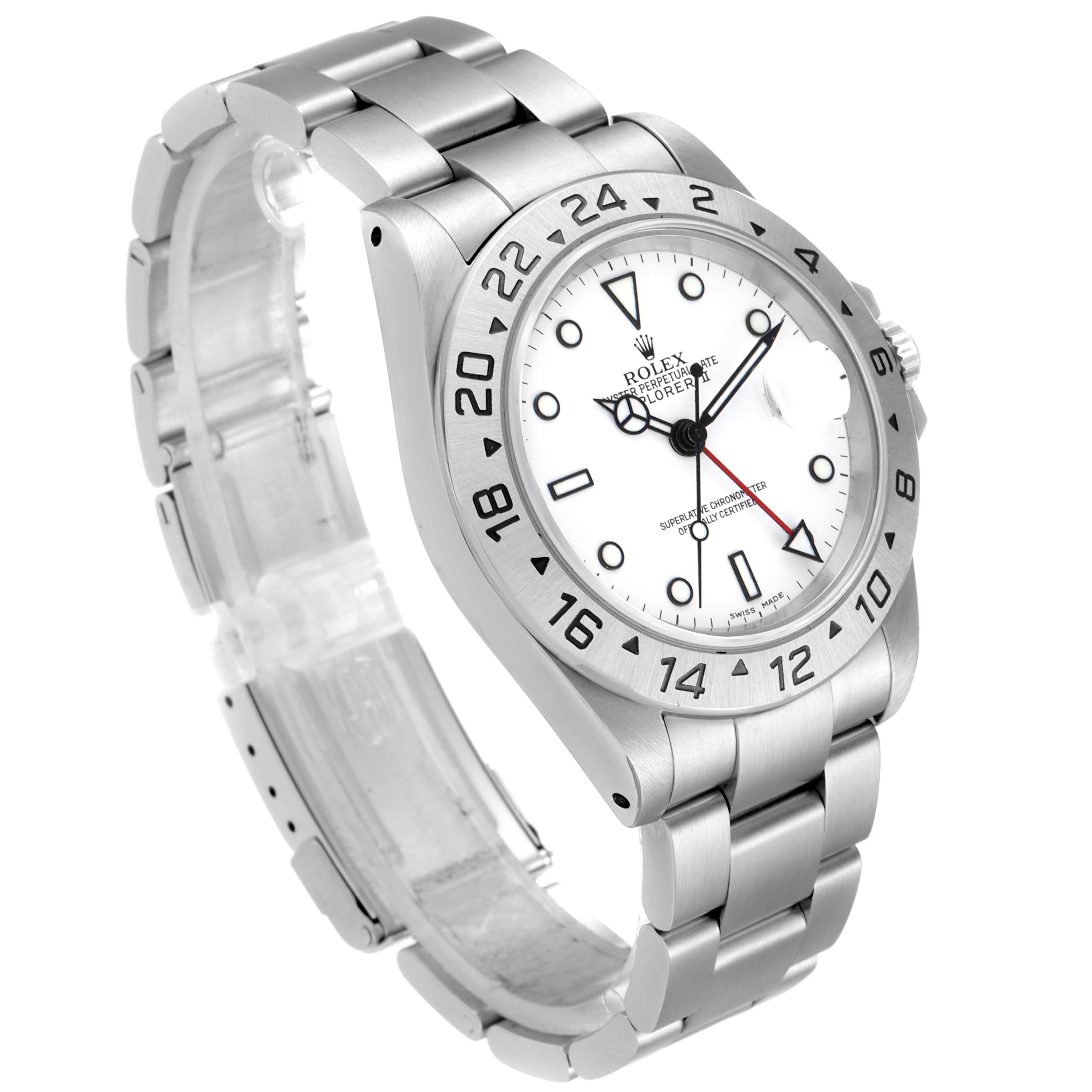 The image shows a side angle of the Rolex Explorer 16570 Men
s Stainless Steel White Dial 16570 Men
s Stainless Steel White Dial watch, highlighting its bracelet, bezel, and dial.