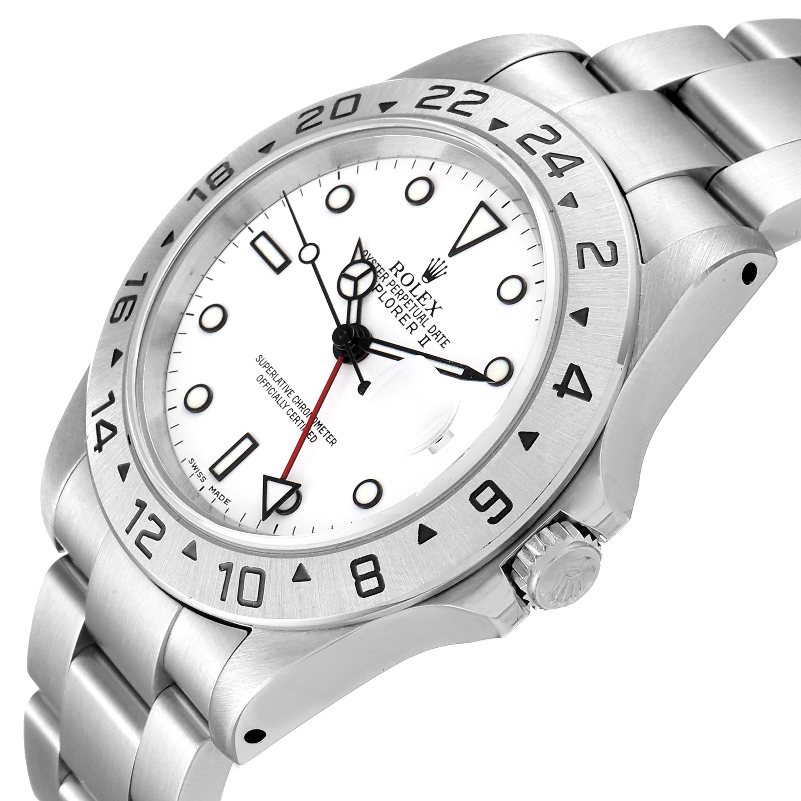 The image shows a side angle view of the Rolex Explorer 16570 Men
s Stainless Steel White Dial 16570 Men
s Stainless Steel White Dial model, featuring its face, bezel, crown, and bracelet.