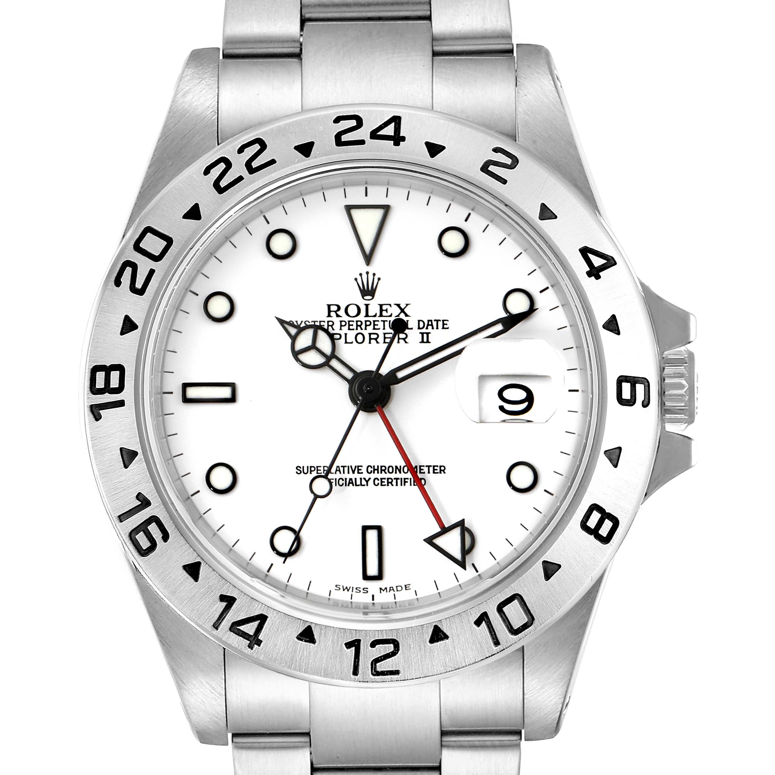 This image shows the front view of a Rolex Explorer 16570 Men
s Stainless Steel White Dial 16570 Men
s Stainless Steel White Dial watch, highlighting its dial, bezel, and bracelet.