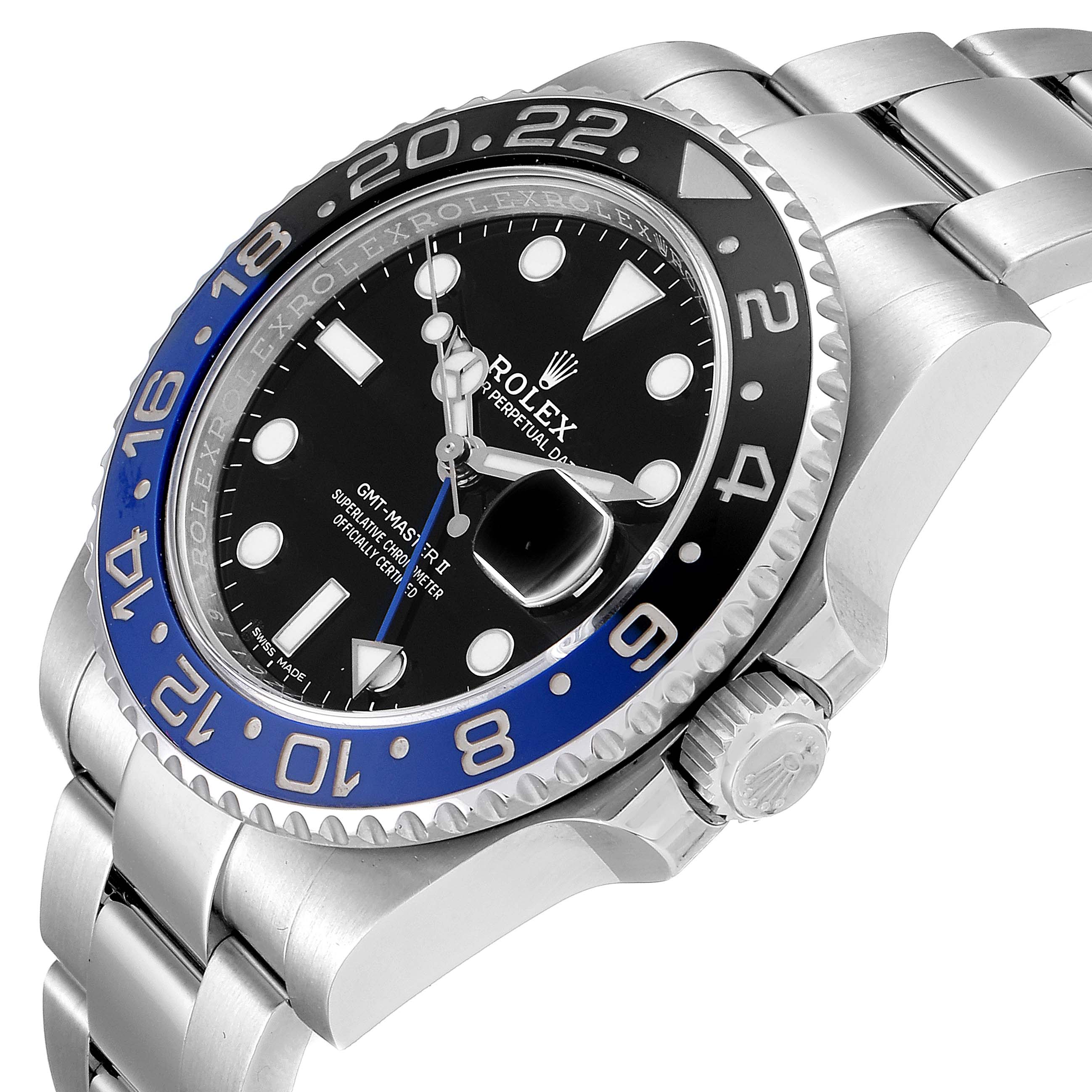 The image shows a Rolex GMT-Master 116710 Men
s Stainless Steel Black Dial 116710 Men
s Stainless Steel Black Dial II watch at an angle highlighting its face, bezel, crown, and part of its bracelet.