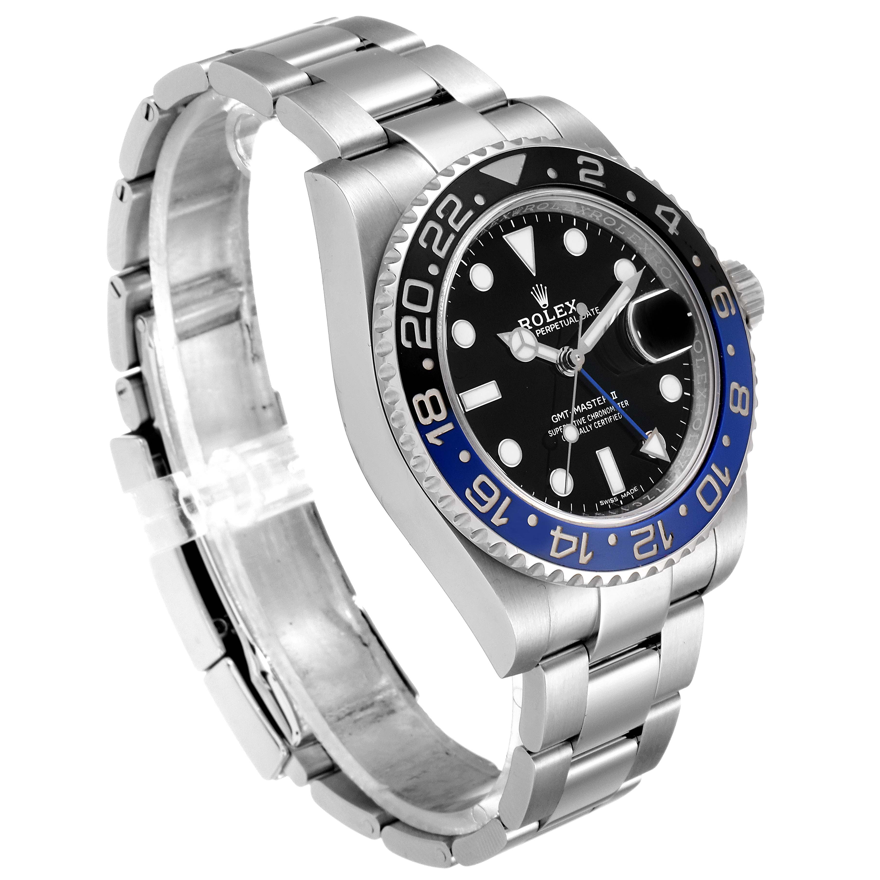 The image shows a Rolex GMT-Master 116710 Men
s Stainless Steel Black Dial 116710 Men
s Stainless Steel Black Dial watch at a three-quarter angle, highlighting the face, bezel, and metal bracelet.