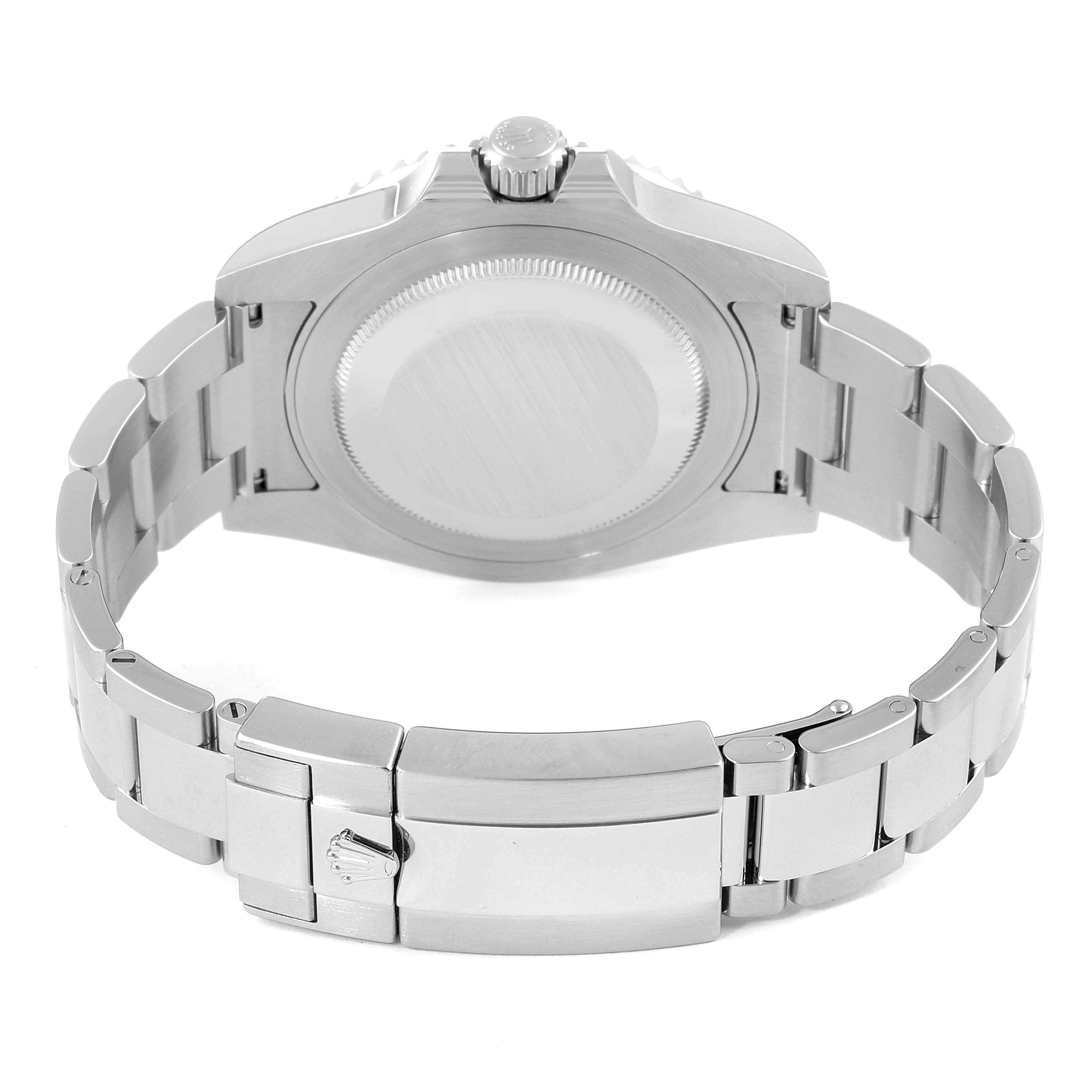 The image shows the back view of the Rolex GMT-Master 116710 Men
s Stainless Steel Black Dial 116710 Men
s Stainless Steel Black Dial watch, highlighting its case back, crown, and bracelet clasp.