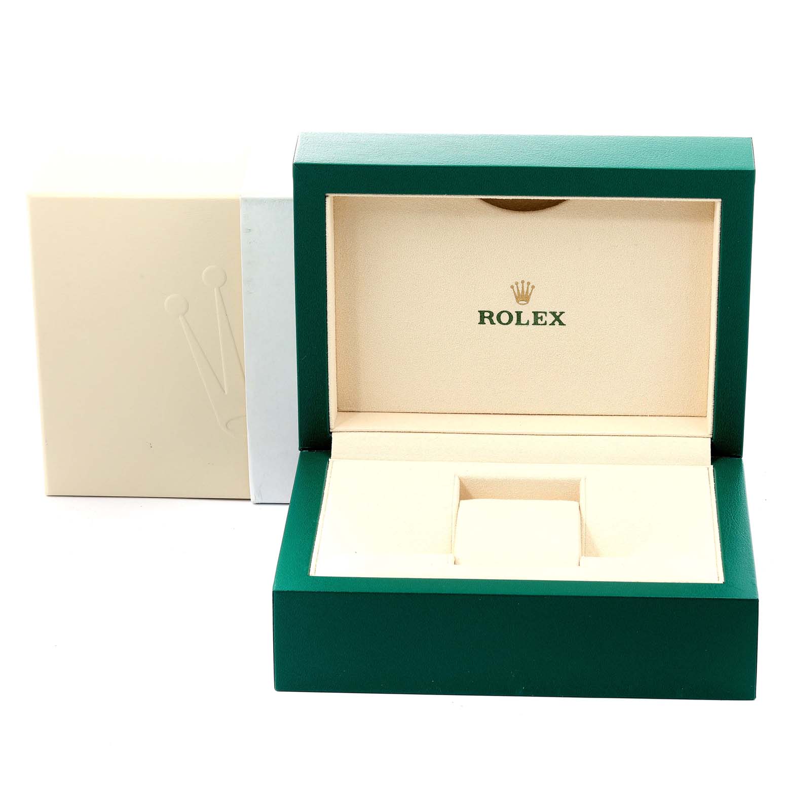 This image shows the open presentation box for a Rolex GMT-Master 116710 Men
s Stainless Steel Black Dial 116710 Men
s Stainless Steel Black Dial watch, displayed at an angle from the front.