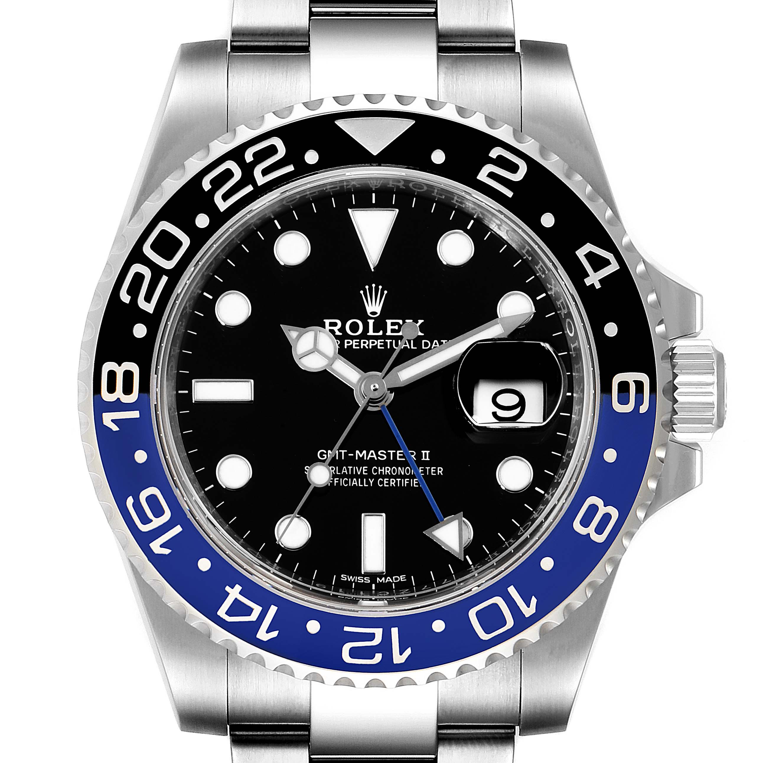 The image shows a front view of a Rolex GMT-Master 116710 Men
s Stainless Steel Black Dial 116710 Men
s Stainless Steel Black Dial II watch displaying the dial, bezel, hands, and part of the bracelet.