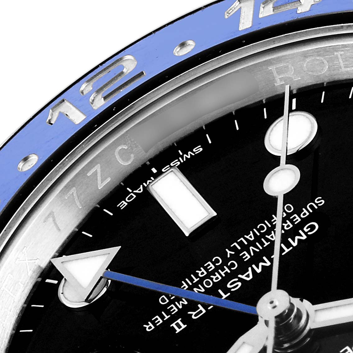 The image shows a close-up of the bezel, dial, and hands of the Rolex GMT-Master 116710 Men
s Stainless Steel Black Dial 116710 Men
s Stainless Steel Black Dial watch at an angle.