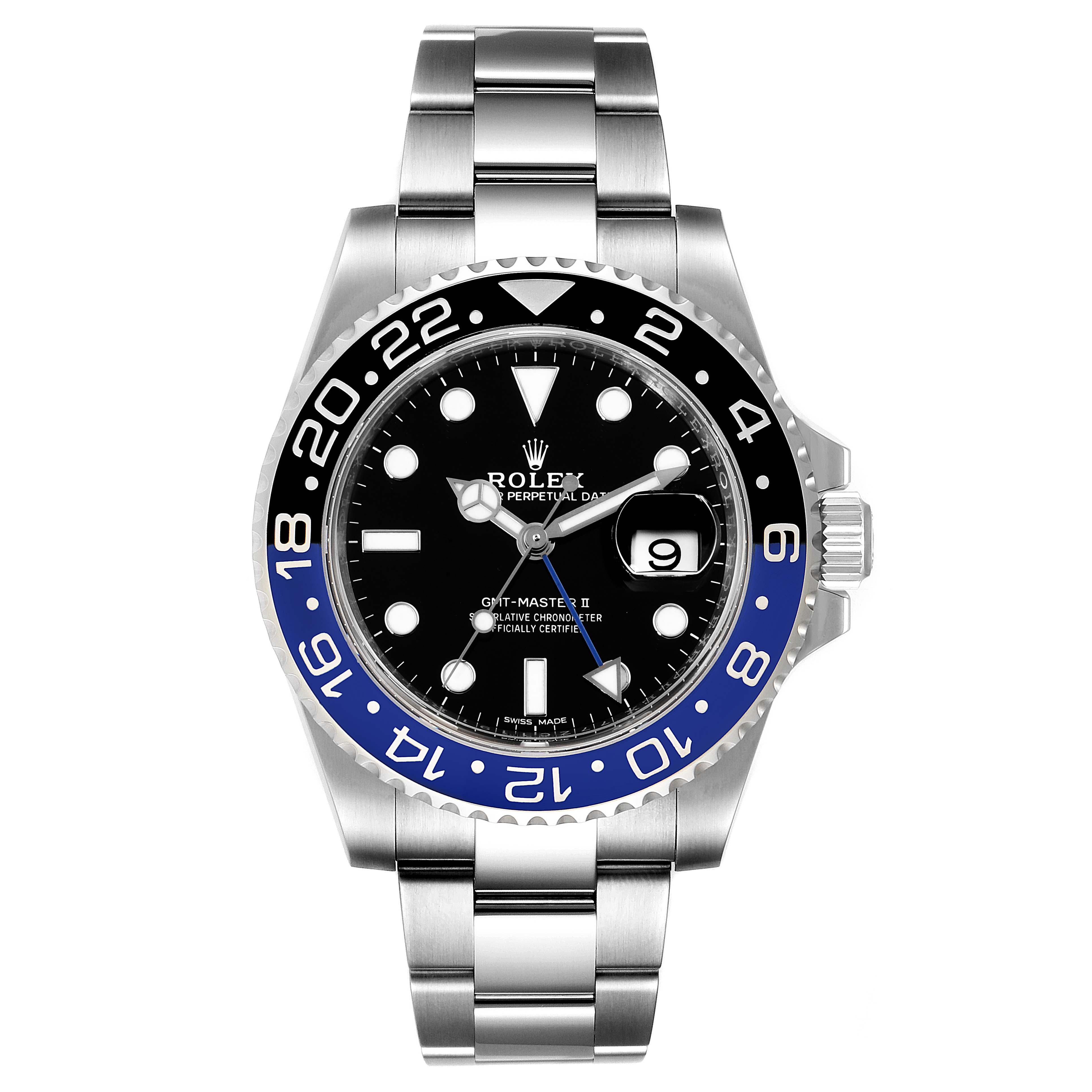 This is a front view of a Rolex GMT-Master 116710 Men
s Stainless Steel Black Dial 116710 Men
s Stainless Steel Black Dial II watch, showing its dial, bezel, date window, and stainless steel bracelet.