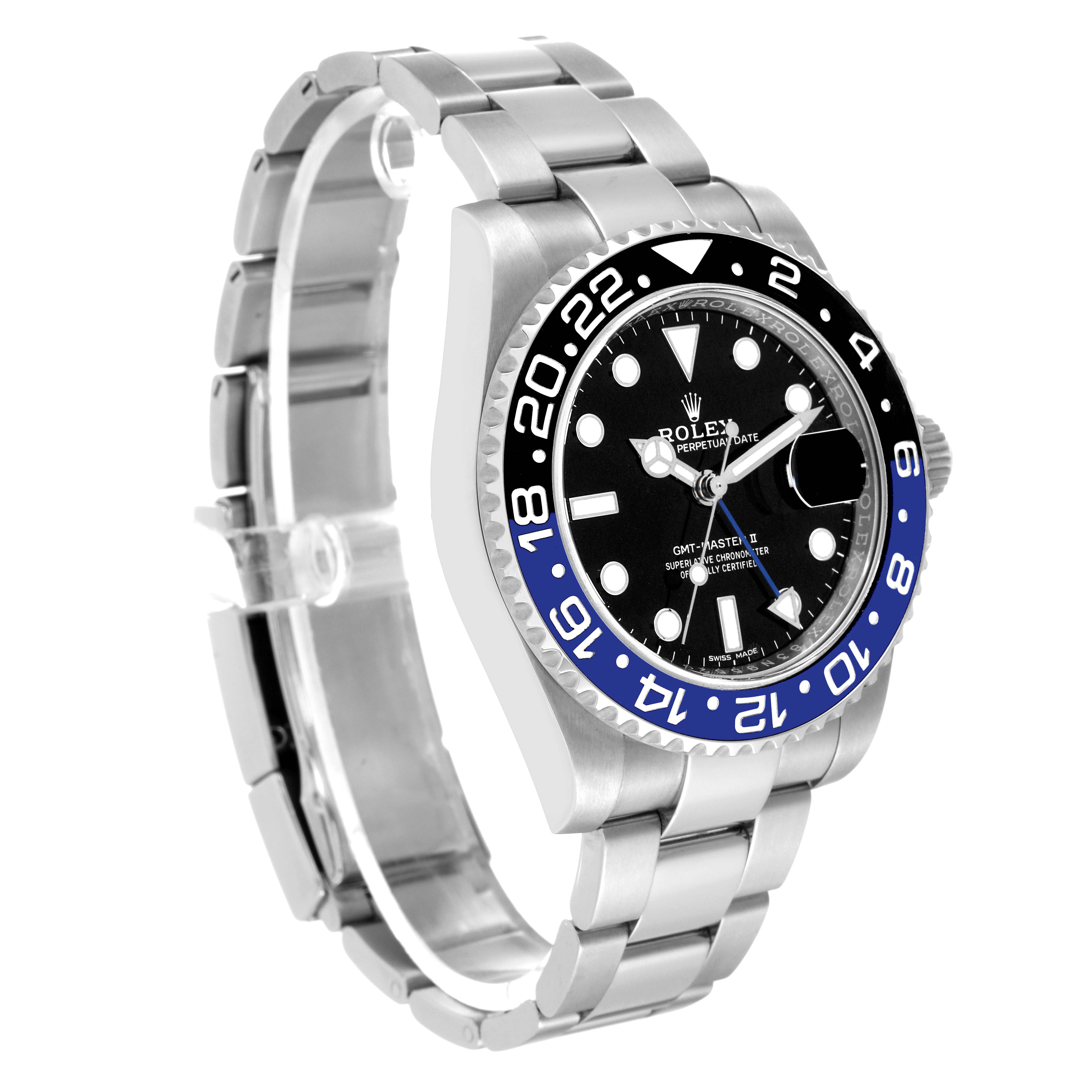 The Rolex GMT-Master 116710 Men
s Stainless Steel Black Dial 116710 Men
s Stainless Steel Black Dial watch is shown at an oblique angle displaying its stainless steel strap, black and blue bezel, and black dial.