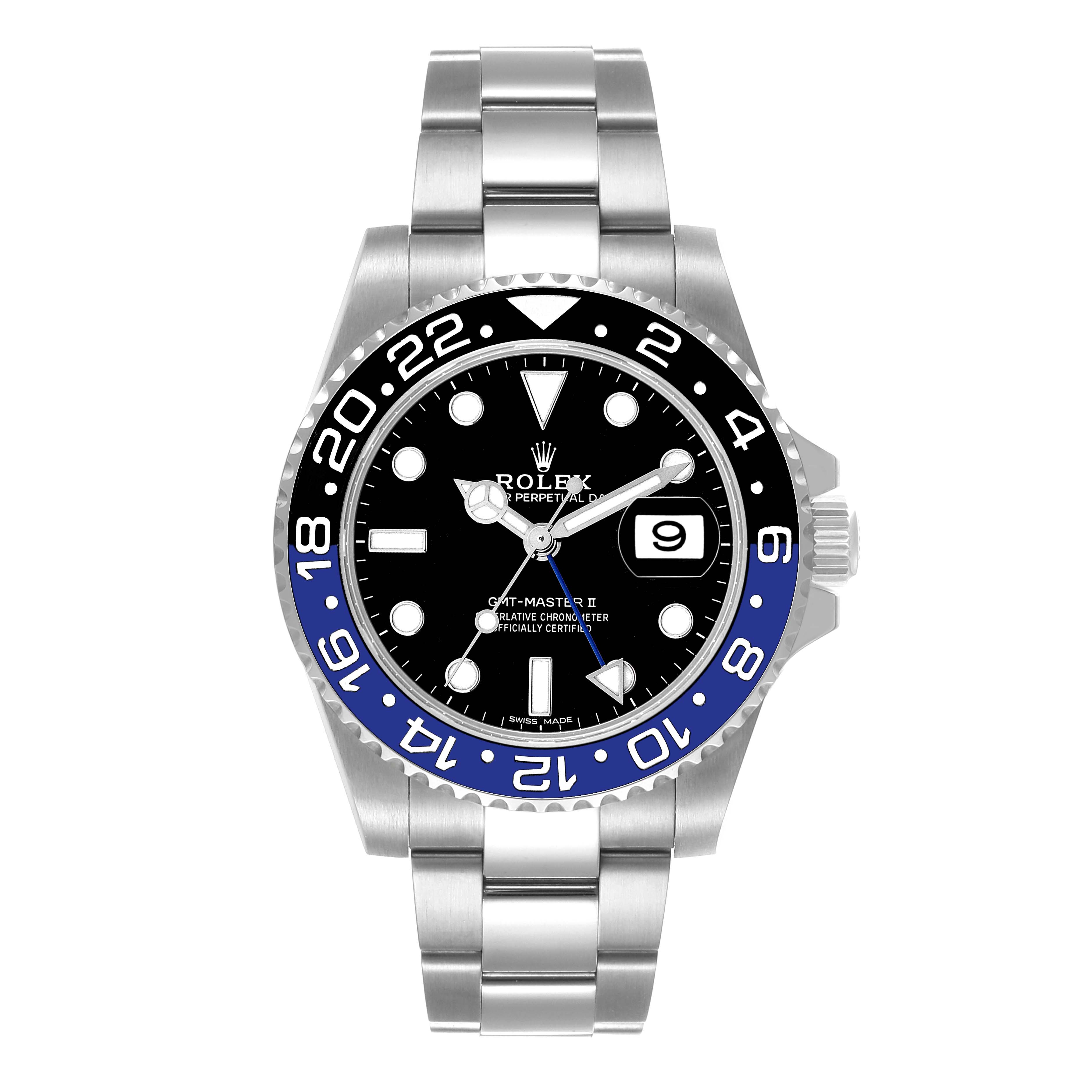 The image shows a front view of a Rolex GMT-Master 116710 Men
s Stainless Steel Black Dial 116710 Men
s Stainless Steel Black Dial II watch, highlighting the bezel, dial, hands, and bracelet.