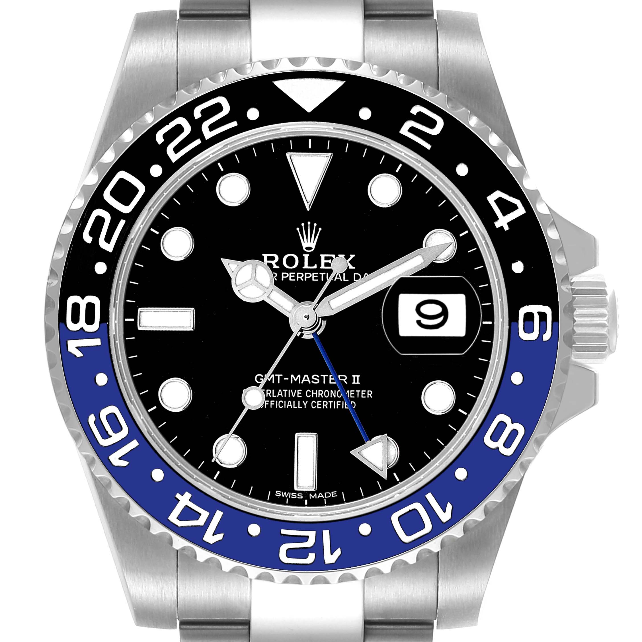 The image shows the front view of a Rolex GMT-Master 116710 Men
s Stainless Steel Black Dial 116710 Men
s Stainless Steel Black Dial II watch, highlighting the dial, bezel, hands, and date window.