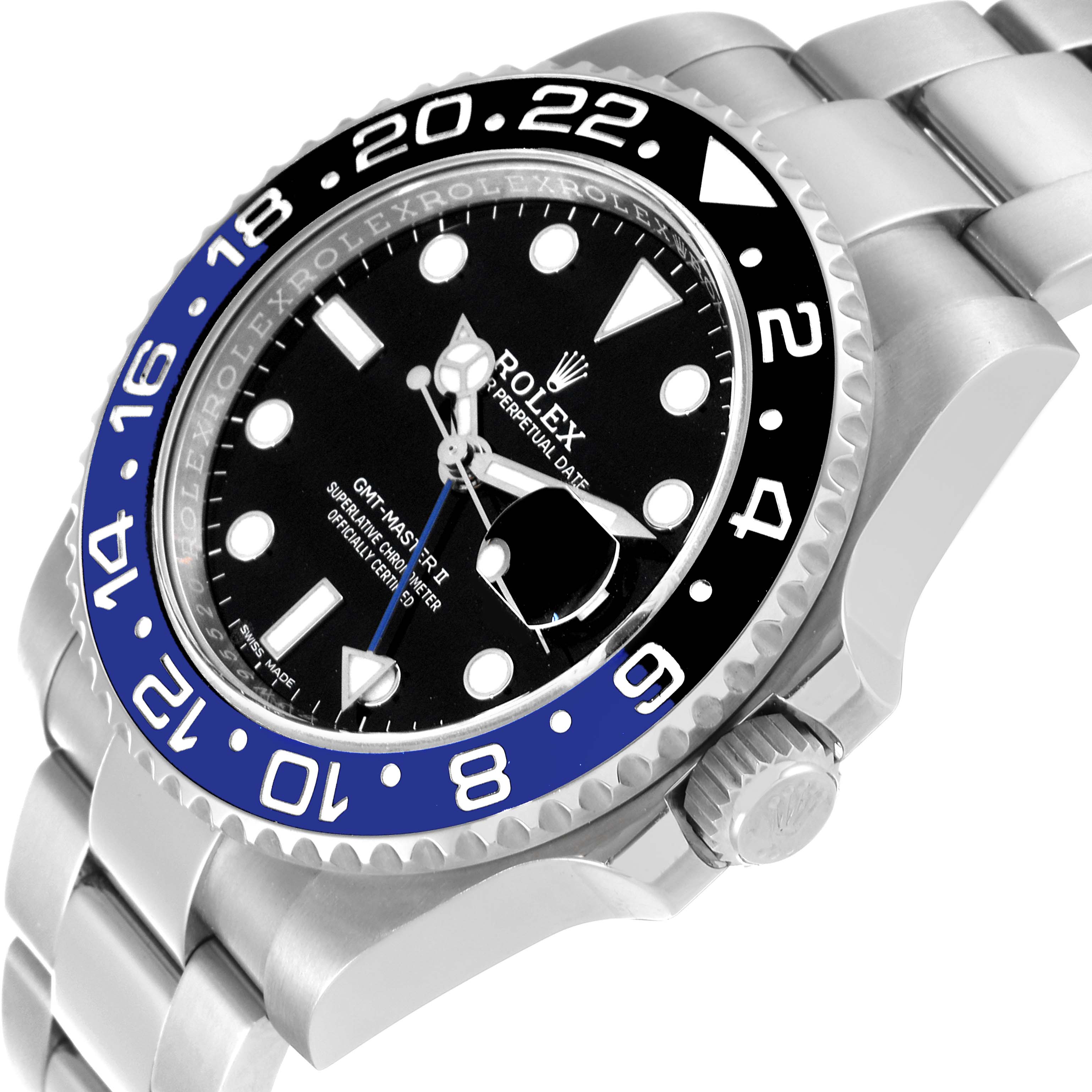 The image shows a side angle of the Rolex GMT-Master 116710 Men
s Stainless Steel Black Dial 116710 Men
s Stainless Steel Black Dial II watch, highlighting the bezel, dial, hands, crown, and bracelet.
