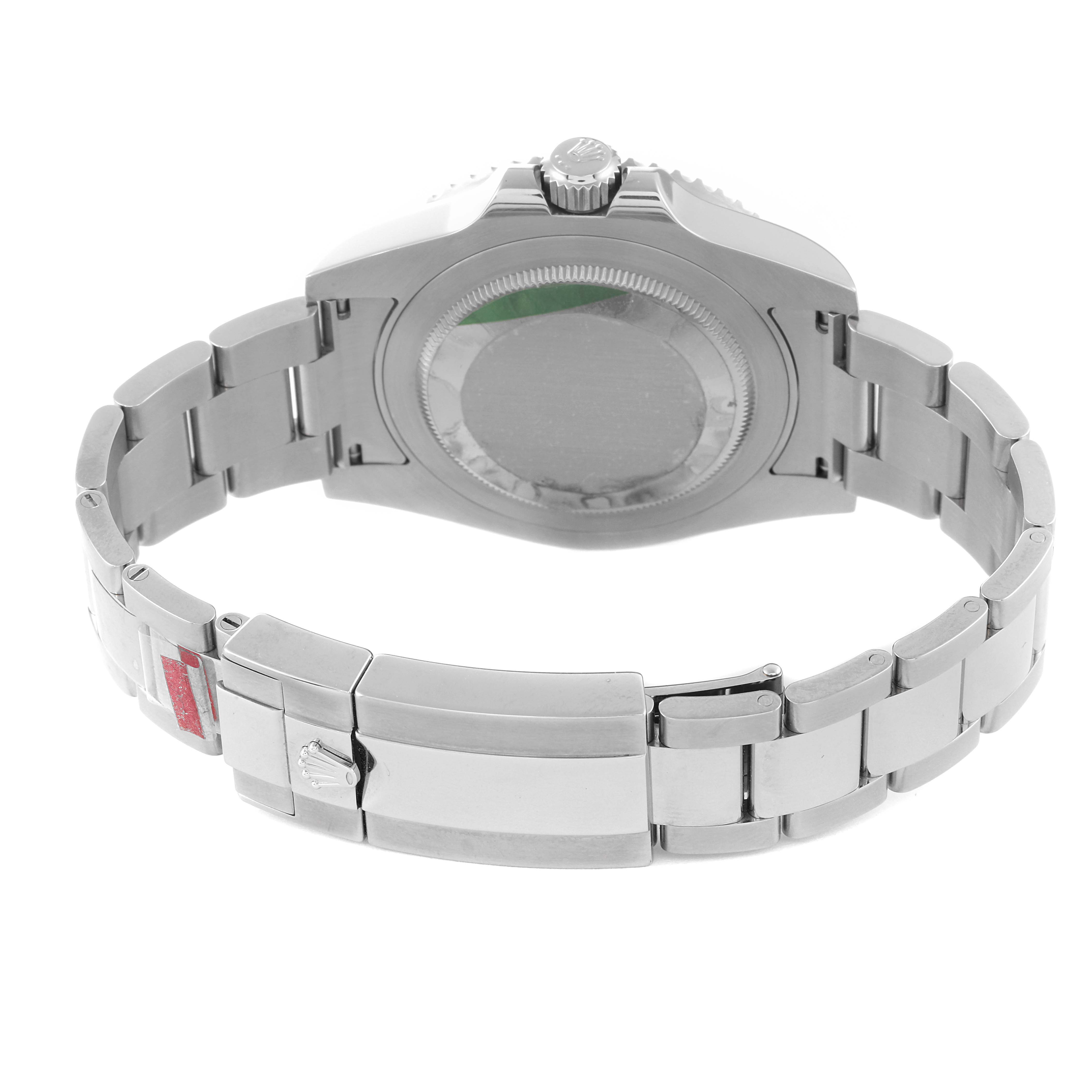 The image shows the back view of a Rolex GMT-Master 116710 Men
s Stainless Steel Black Dial 116710 Men
s Stainless Steel Black Dial watch, highlighting the case back, bracelet, and clasp.