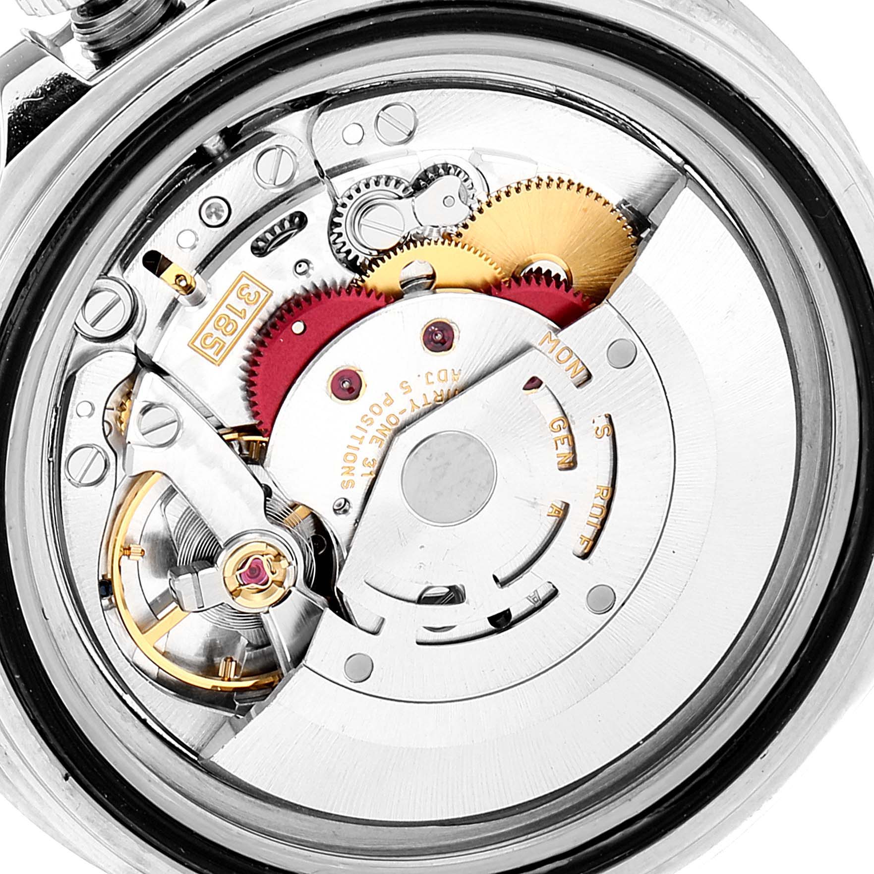 This image shows a close-up of the movement mechanism of a Rolex GMT-Master 16710 Men
s Stainless Steel Black Dial 16710 Men
s Stainless Steel Black Dial watch from the back.