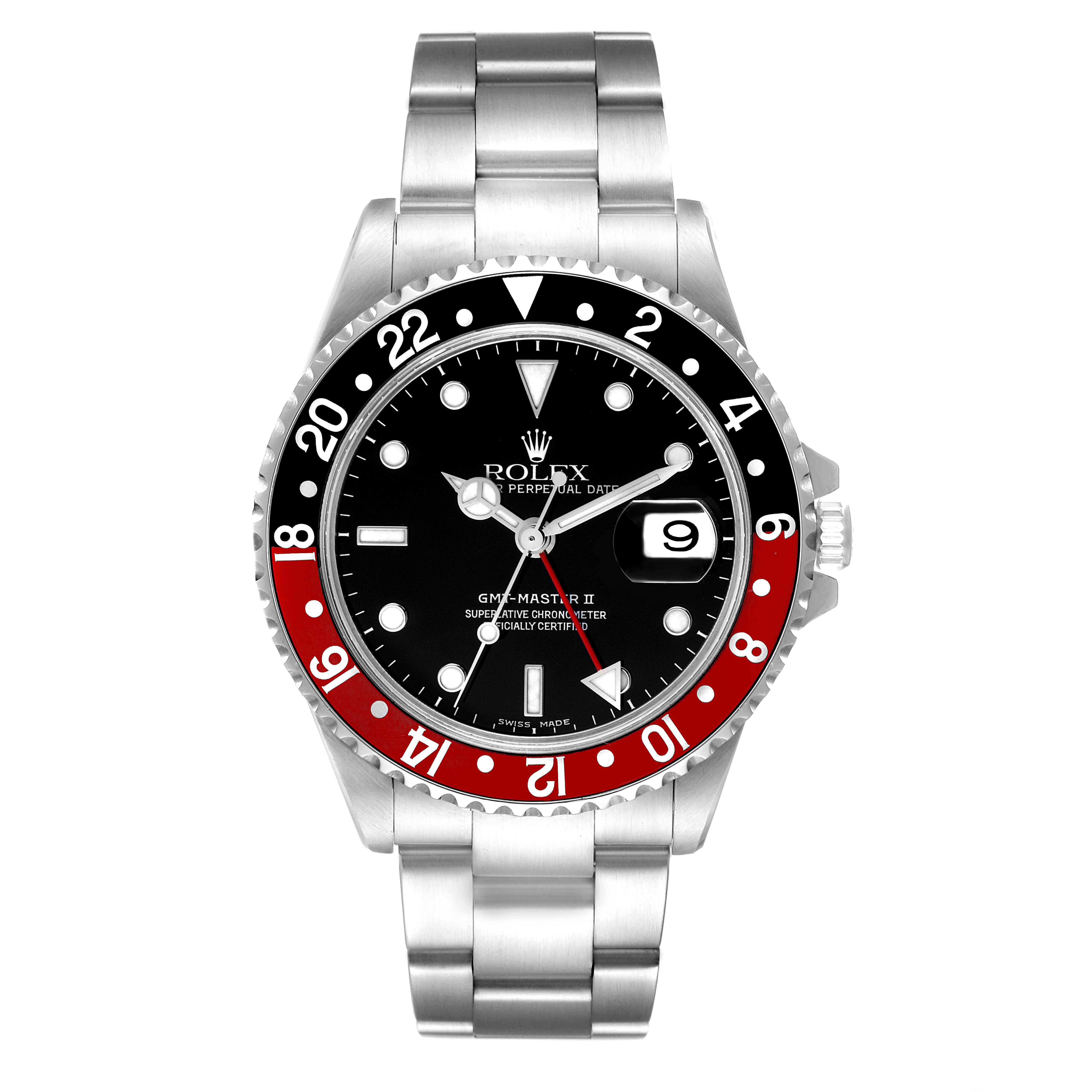 This image shows a frontal view of a Rolex GMT-Master 16710 Men
s Stainless Steel Black Dial 16710 Men
s Stainless Steel Black Dial watch, displaying the dial, bezel, bracelet, and crown.