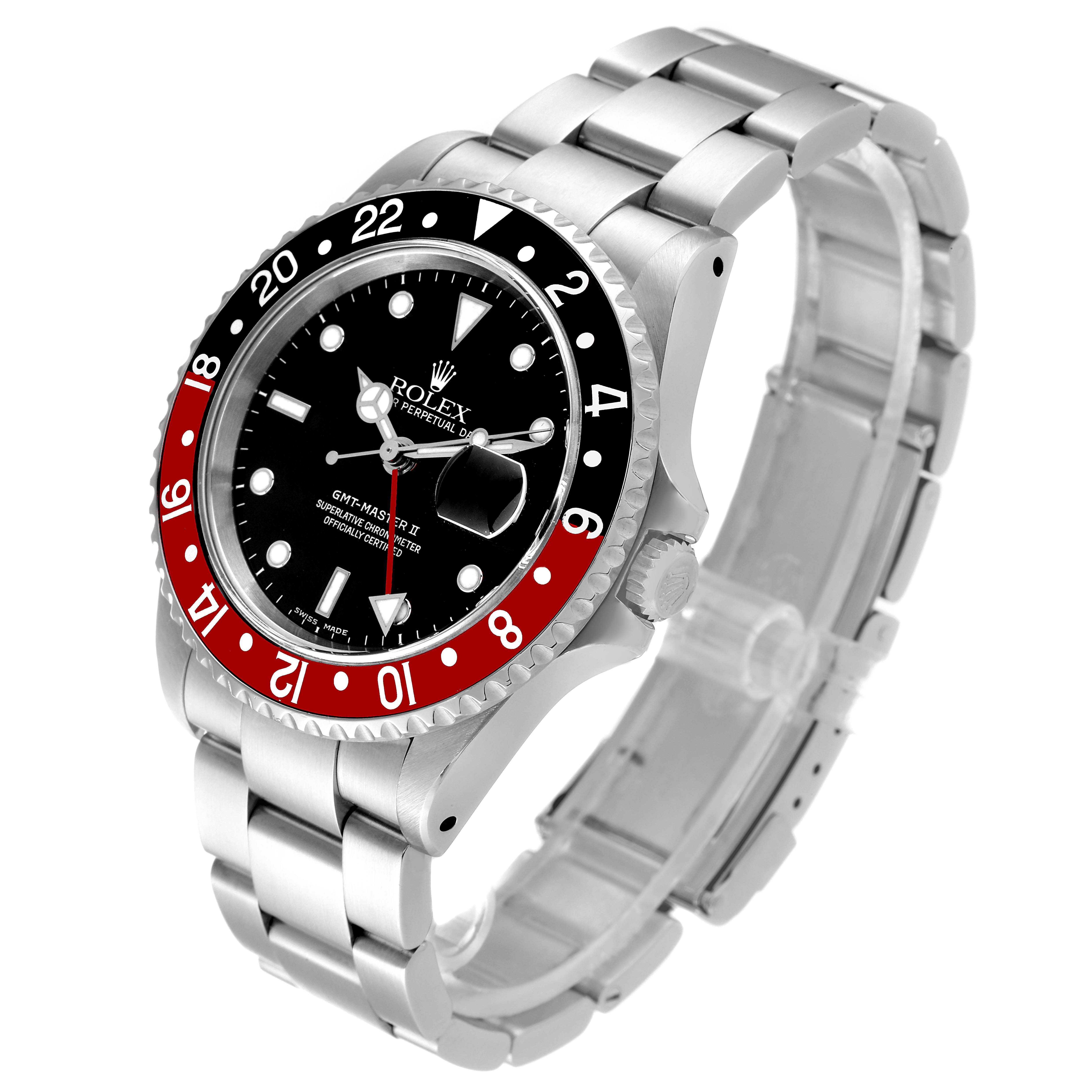 This Rolex GMT-Master 16710 Men
s Stainless Steel Black Dial 16710 Men
s Stainless Steel Black Dial watch is shown at a slight angle with a black and red bezel, a black dial, and a stainless steel bracelet.