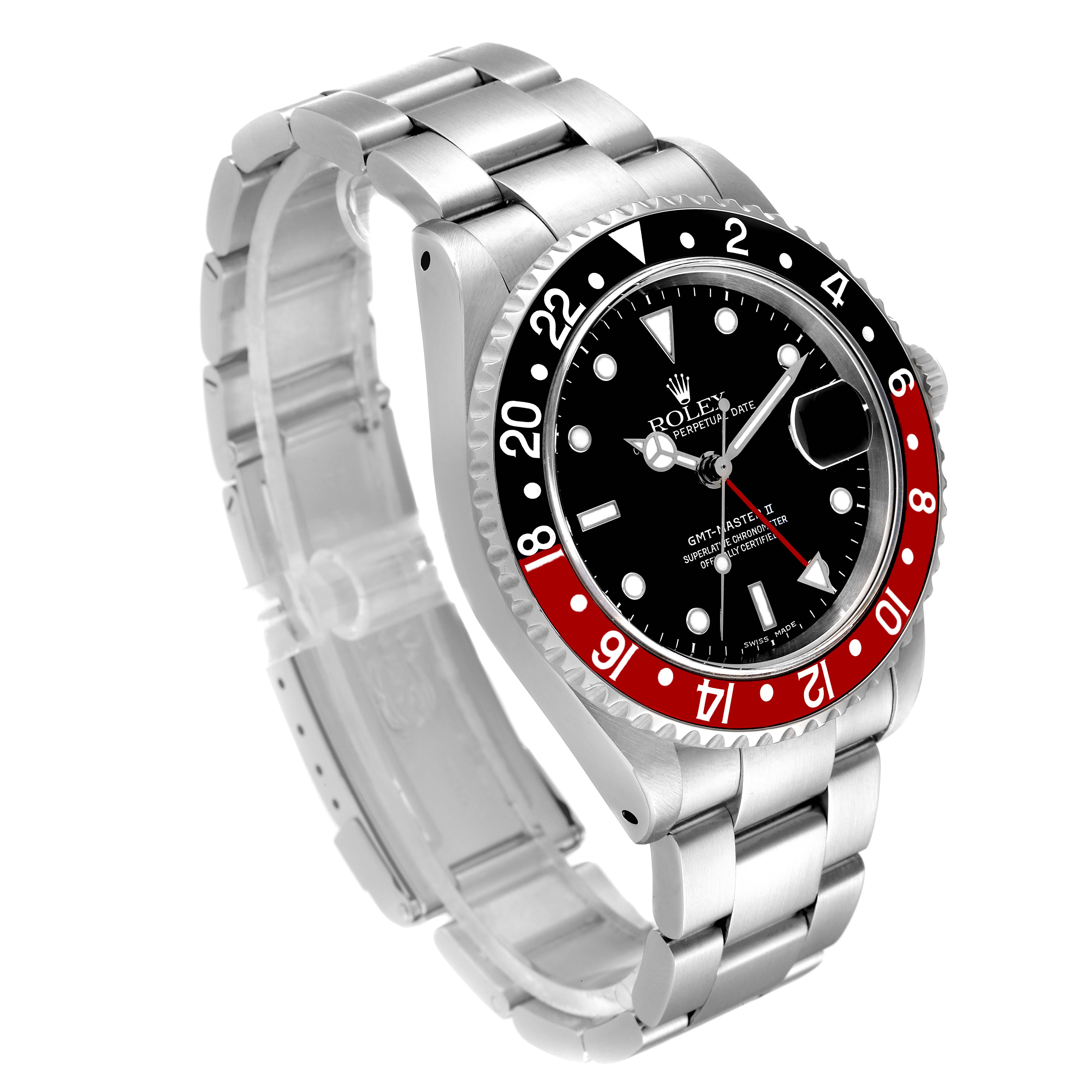 The Rolex GMT-Master 16710 Men
s Stainless Steel Black Dial 16710 Men
s Stainless Steel Black Dial watch is shown at an angle displaying its face, bezel, and bracelet.