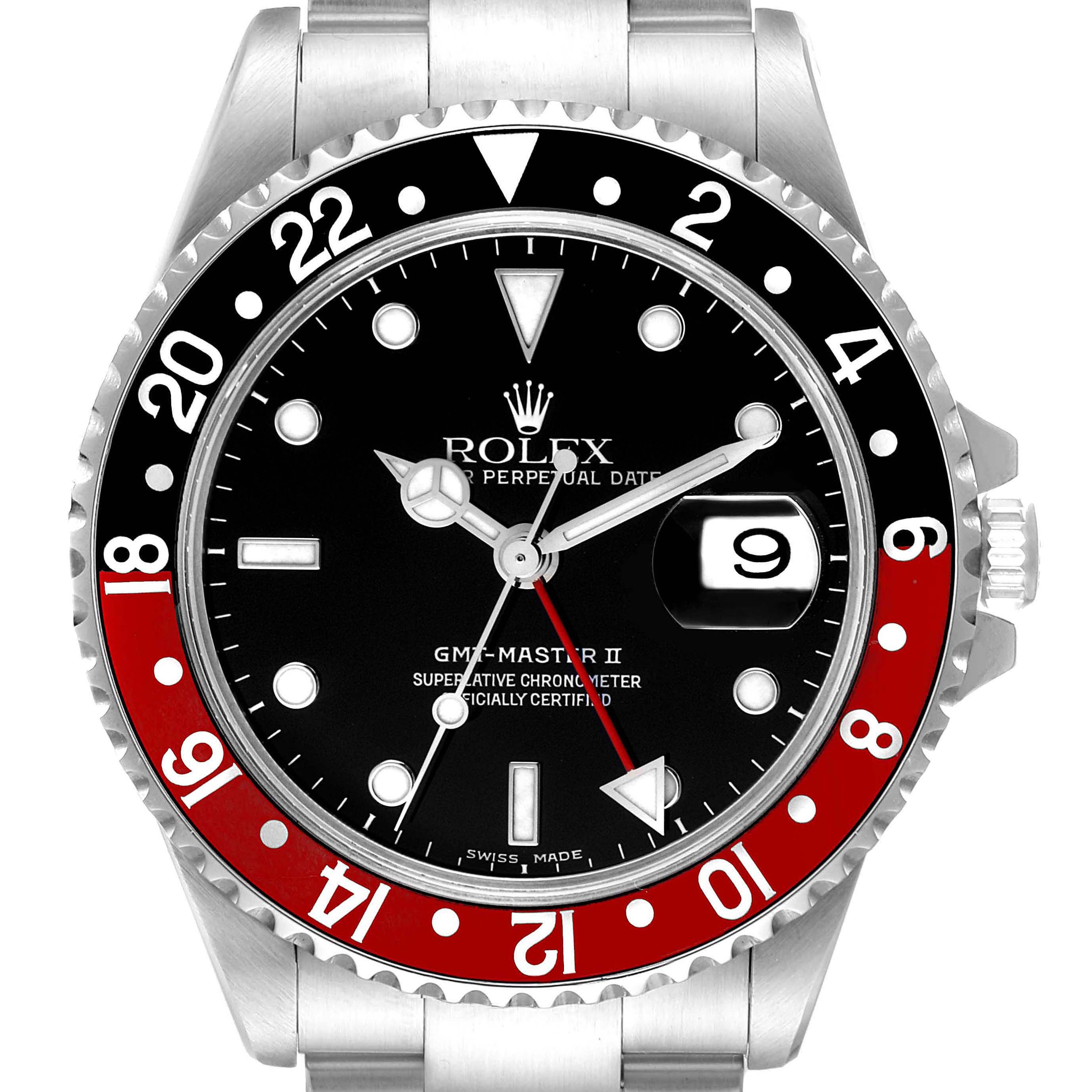 The image shows a front view of a Rolex GMT-Master 16710 Men
s Stainless Steel Black Dial 16710 Men
s Stainless Steel Black Dial II watch, highlighting the dial, bezel, hands, and date display.