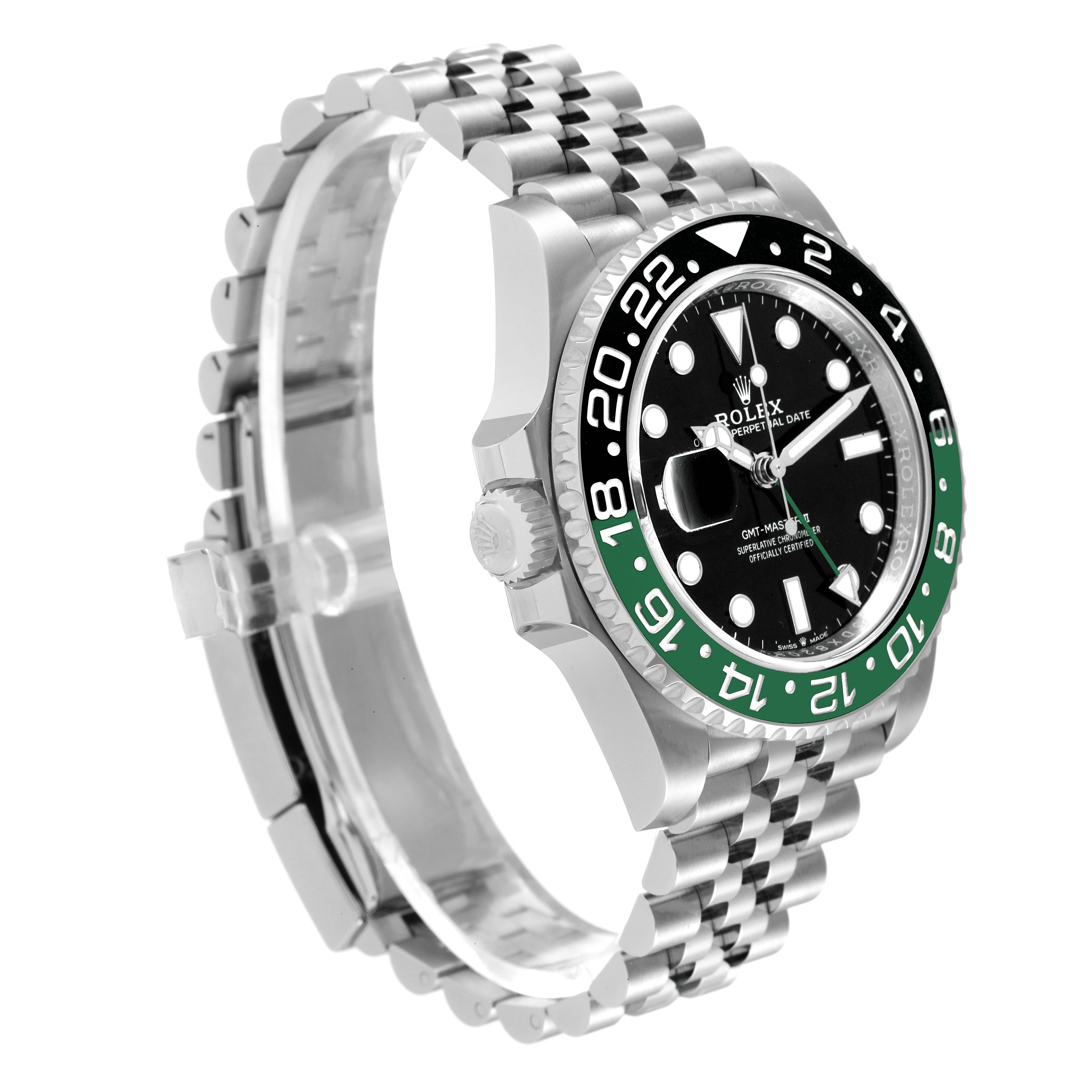 The Rolex GMT-Master 126720VTNR-0001 Men's Stainless Steel Black Dial 126720VTNR-0001 Men's Stainless Steel Black Dial watch is shown from a front angled side, displaying its bezel, dial, and bracelet.