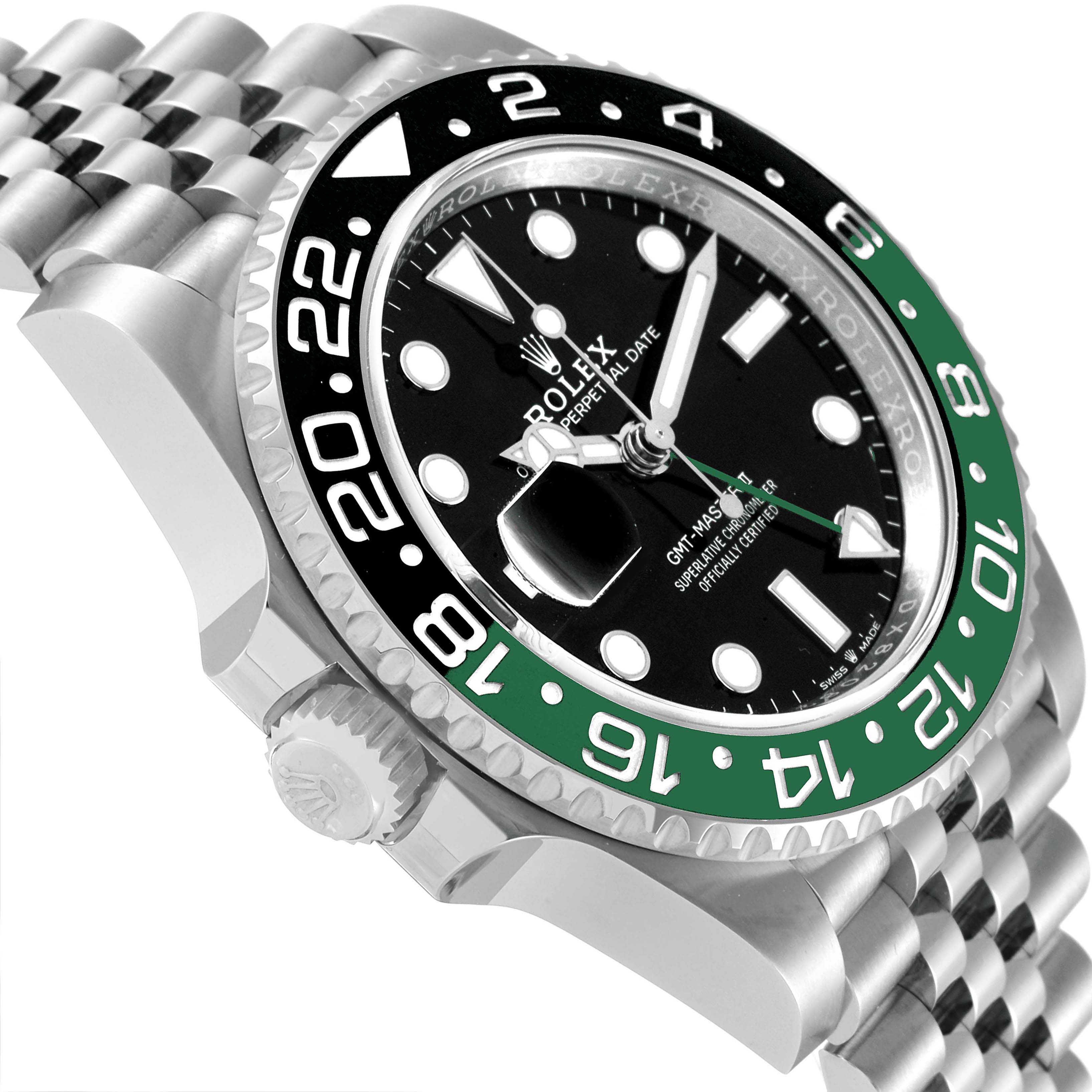 The image shows a side angle of a Rolex GMT-Master 126720VTNR-0001 Men's Stainless Steel Black Dial 126720VTNR-0001 Men's Stainless Steel Black Dial watch, highlighting its bezel, crown, and part of the bracelet.
