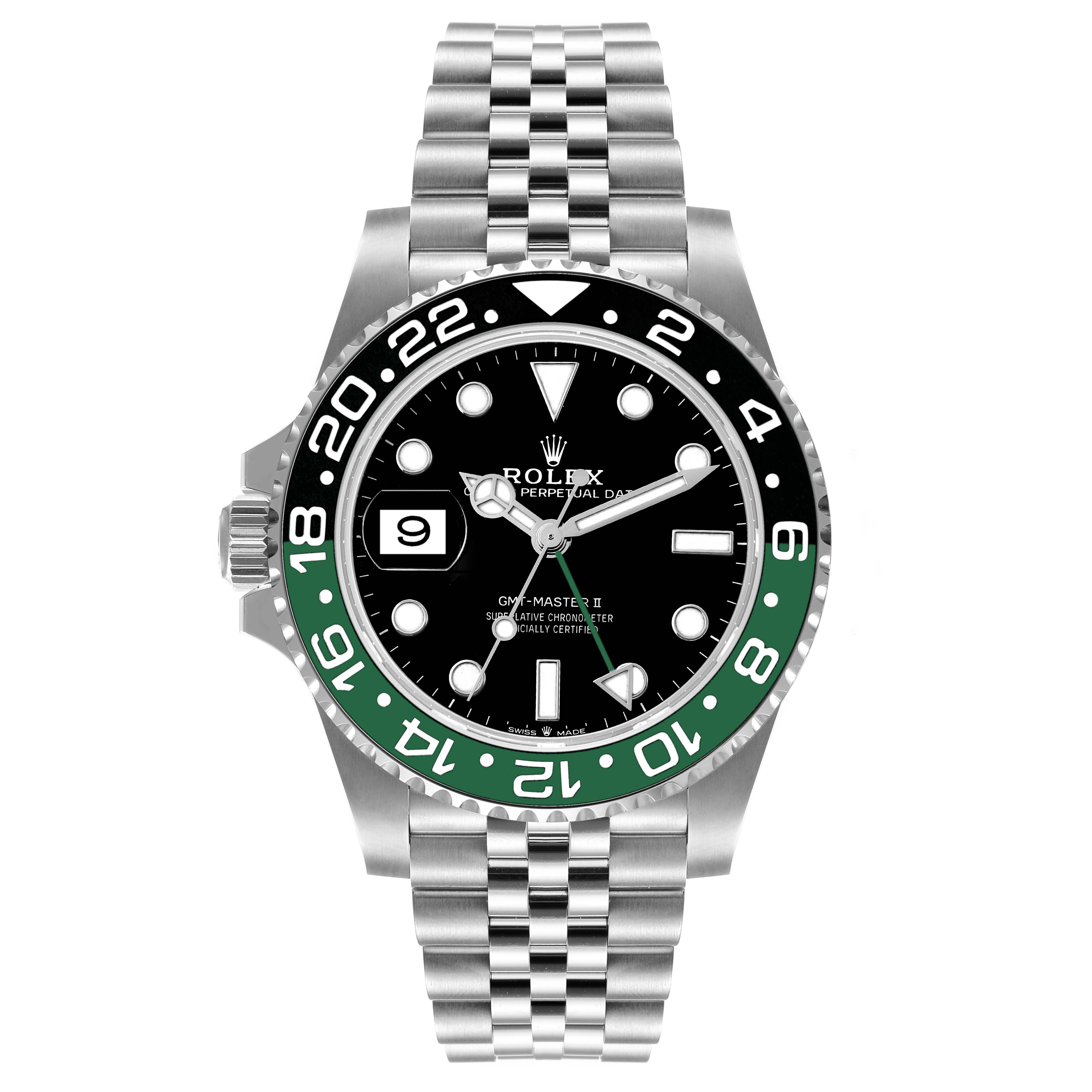 The image shows a front view of a Rolex GMT-Master 126720VTNR-0001 Men's Stainless Steel Black Dial 126720VTNR-0001 Men's Stainless Steel Black Dial II watch with a black and green bezel and a silver jubilee bracelet.