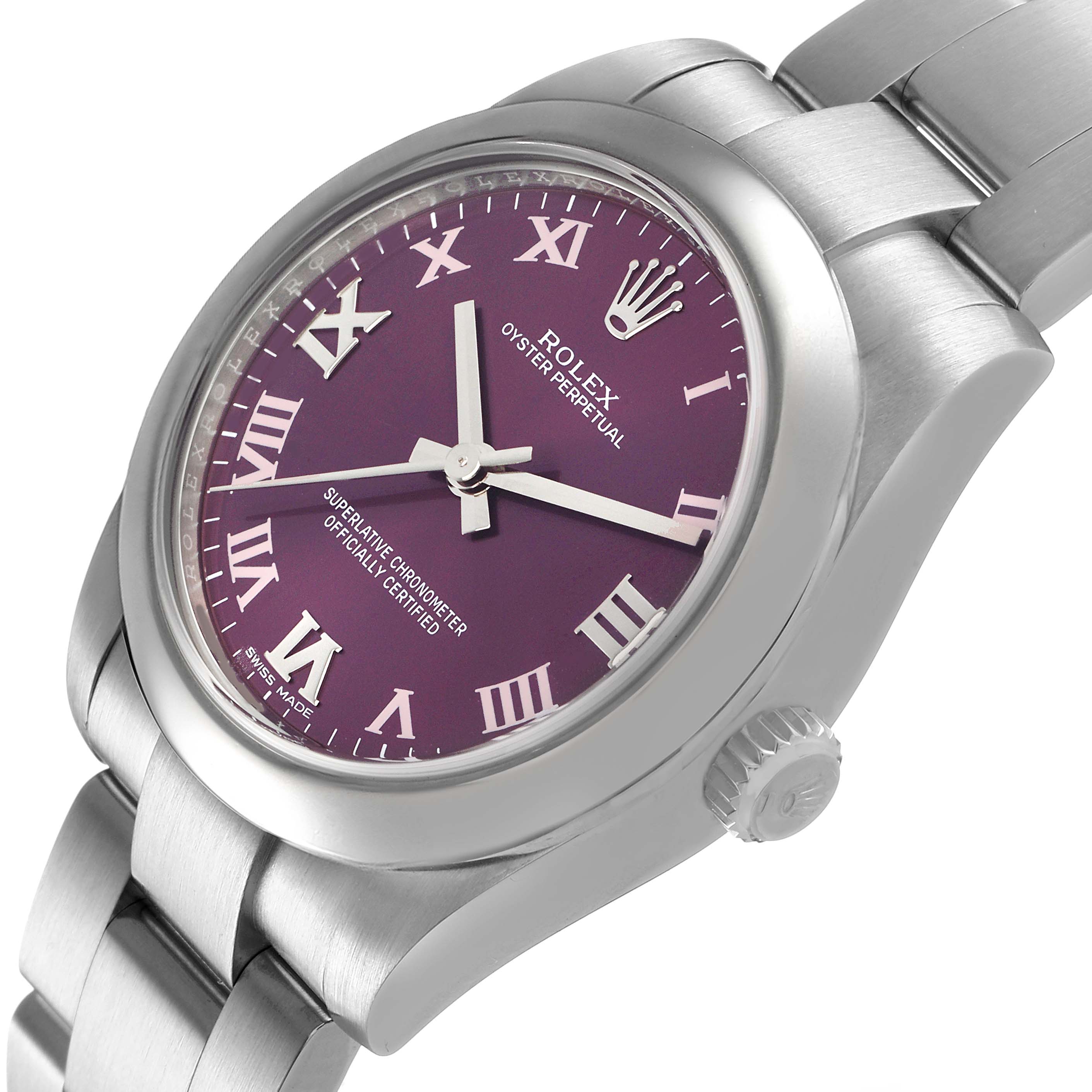 The Rolex Mid-Size 177200 Women's Stainless Steel Purple Dial watch is shown from a tilted side angle, highlighting the face, bezel, crown, and bracelet.