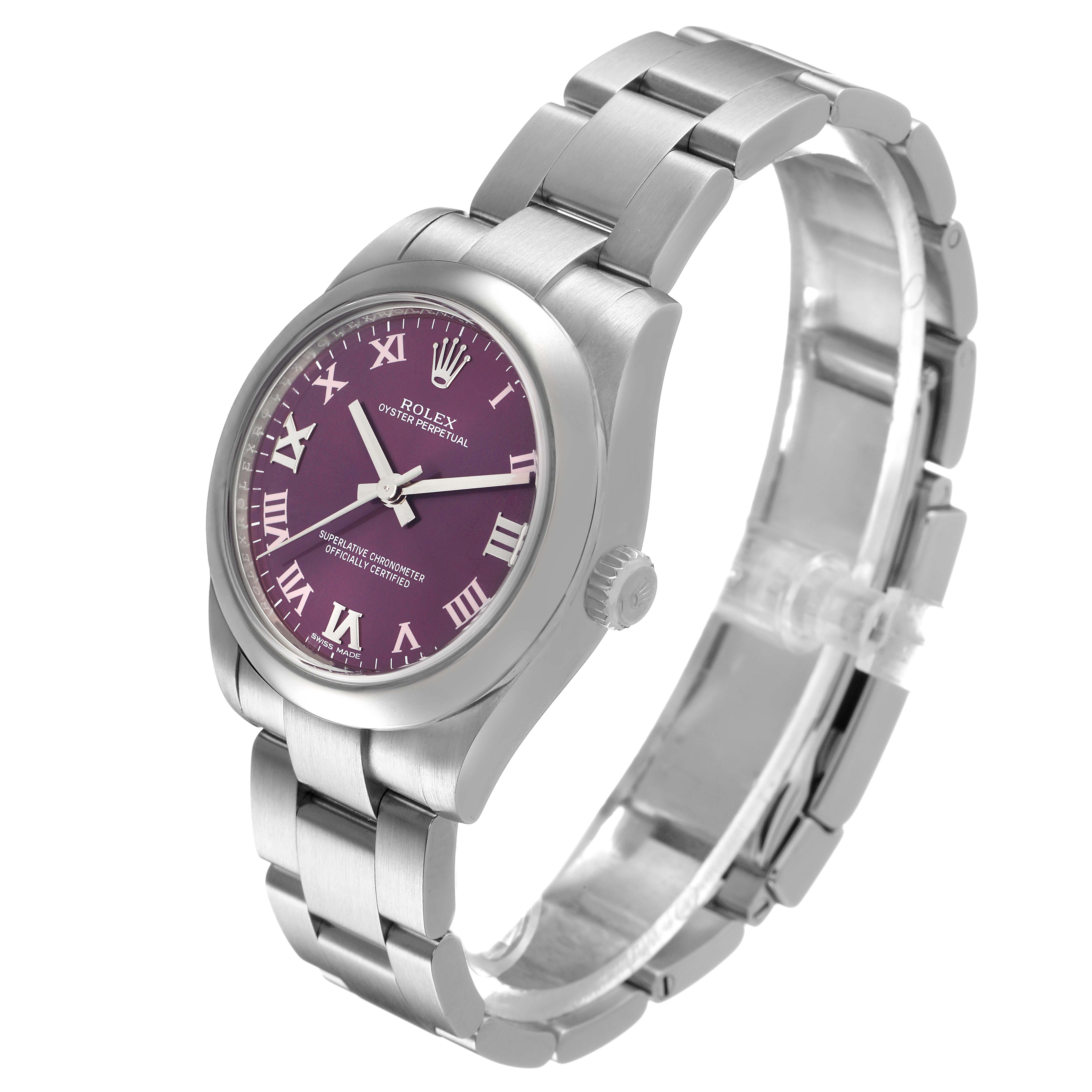 The Rolex Mid-Size 177200 Women's Stainless Steel Purple Dial watch is shown at an angle displaying the dial, case, and bracelet with a purple face and silver Roman numerals.