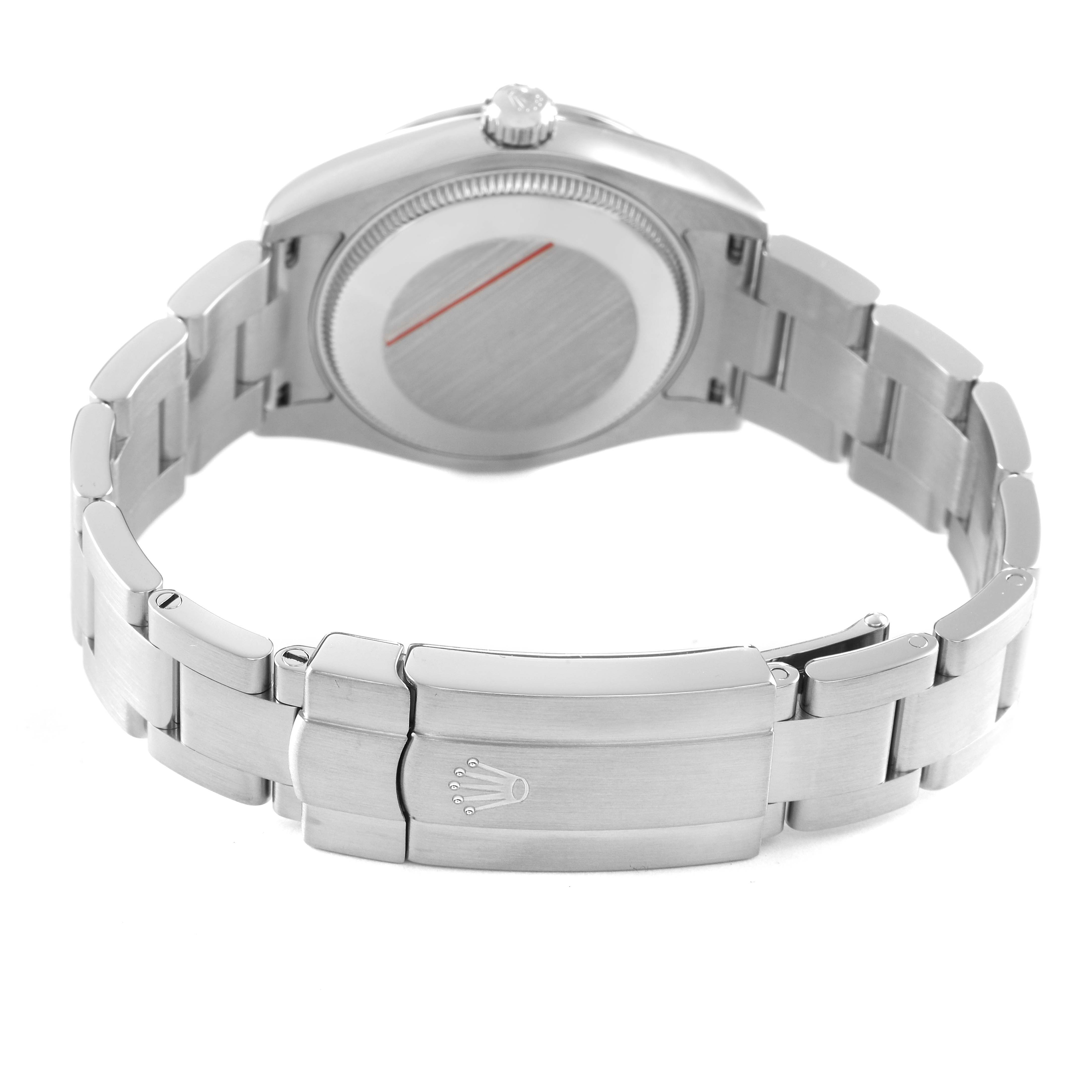 The image shows the back and clasp of the Rolex Mid-Size 177200 Women's Stainless Steel Purple Dial model, highlighting the case and bracelet.