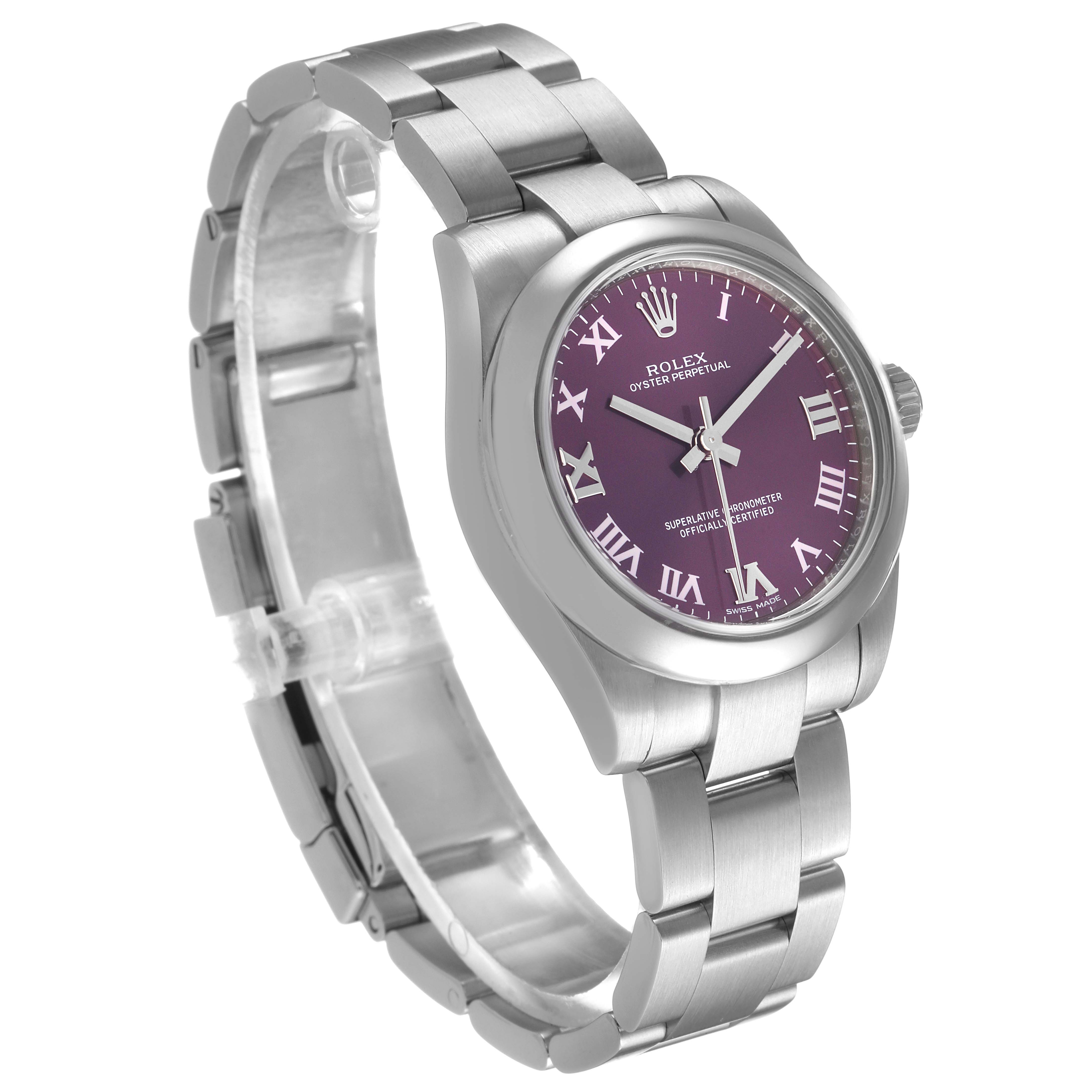 The Rolex Mid-Size 177200 Women's Stainless Steel Purple Dial watch is shown from a three-quarter side angle, highlighting the purple dial, bezel, and bracelet.