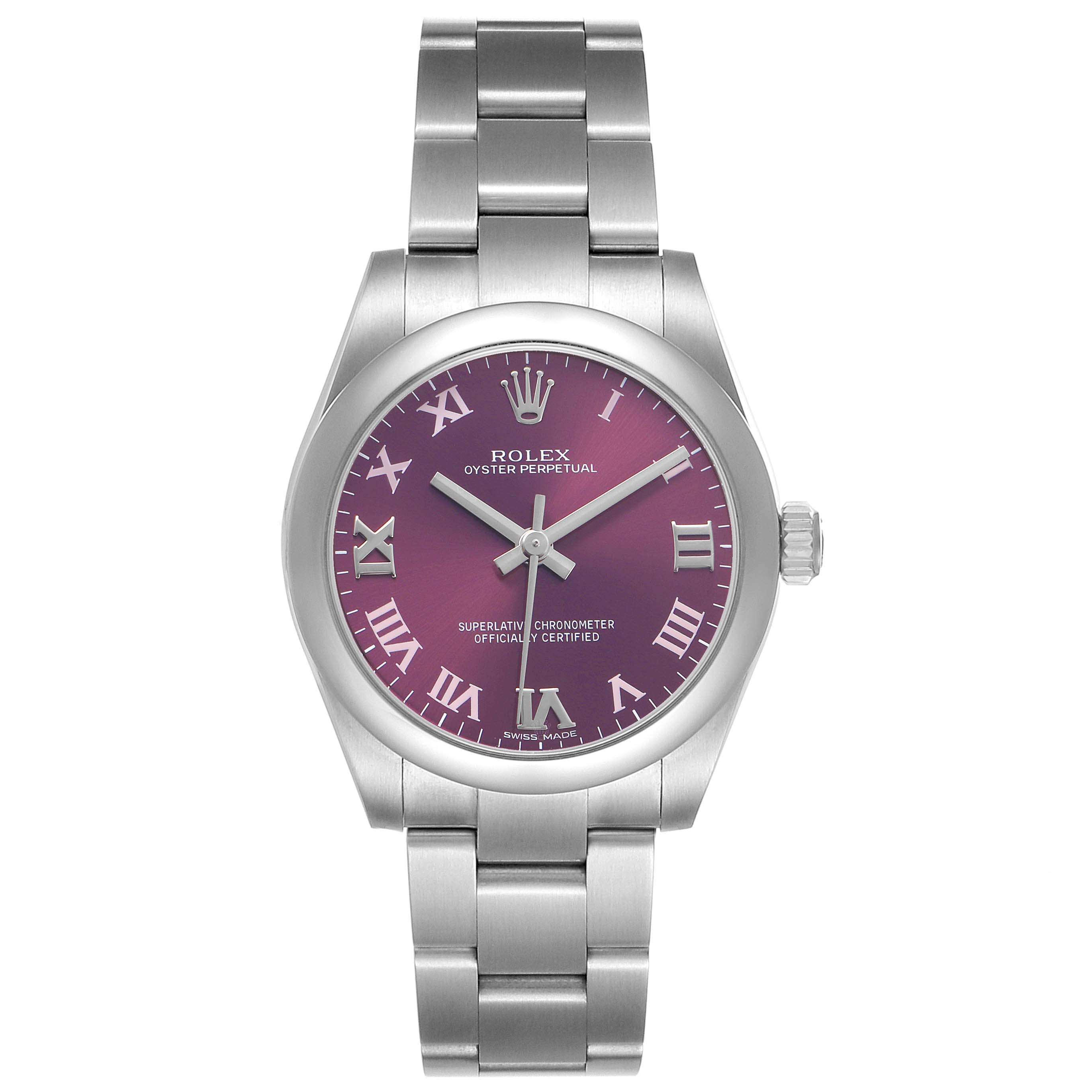 The Rolex Oyster Perpetual Mid-Size watch is shown from a front angle, highlighting its purple dial and stainless steel bracelet.