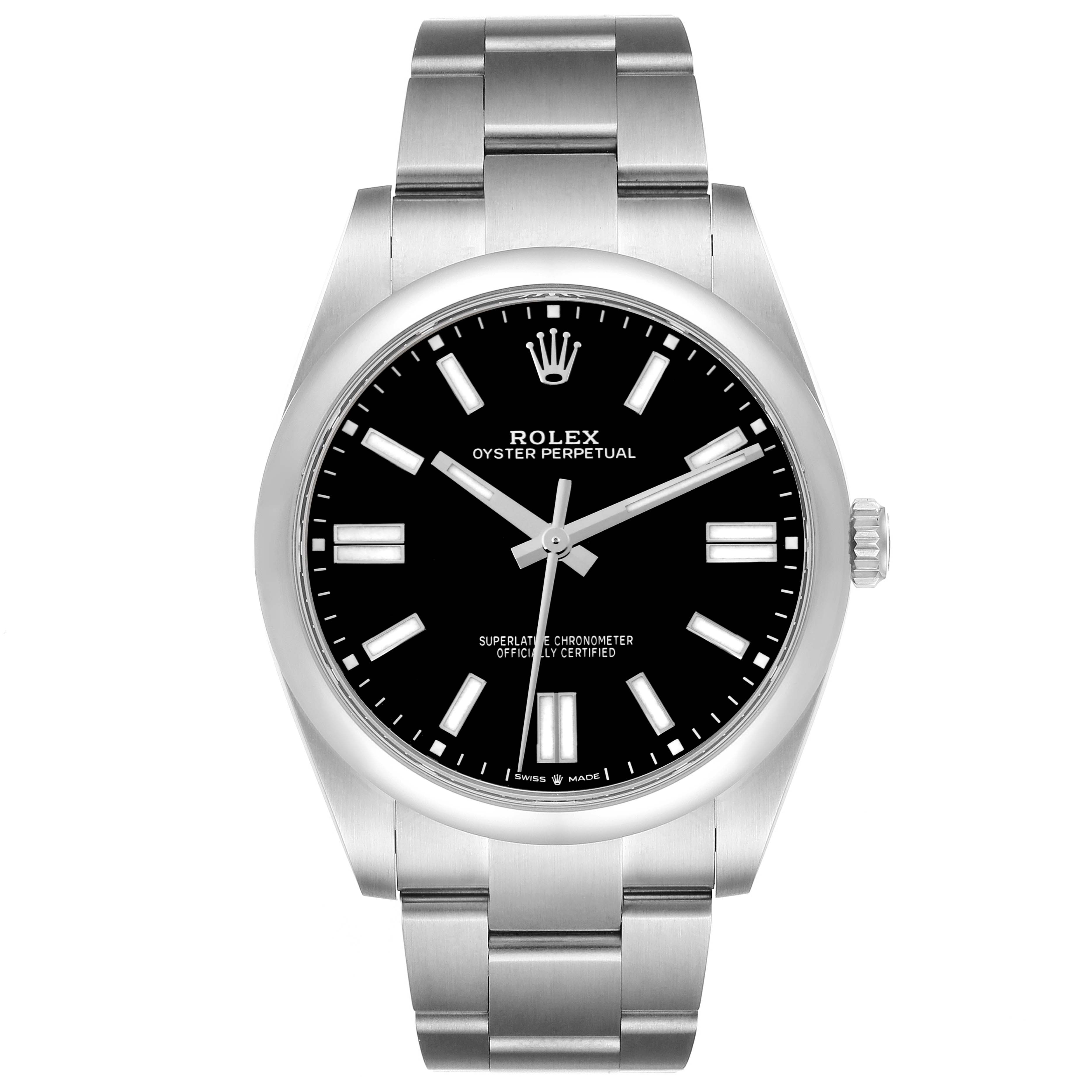 The Rolex Oyster Perpetual 124300 Men's Stainless Steel Black Dial 124300 Men's Stainless Steel Black Dial watch is shown from a direct, front-facing angle, highlighting its black dial, markers, and bracelet.