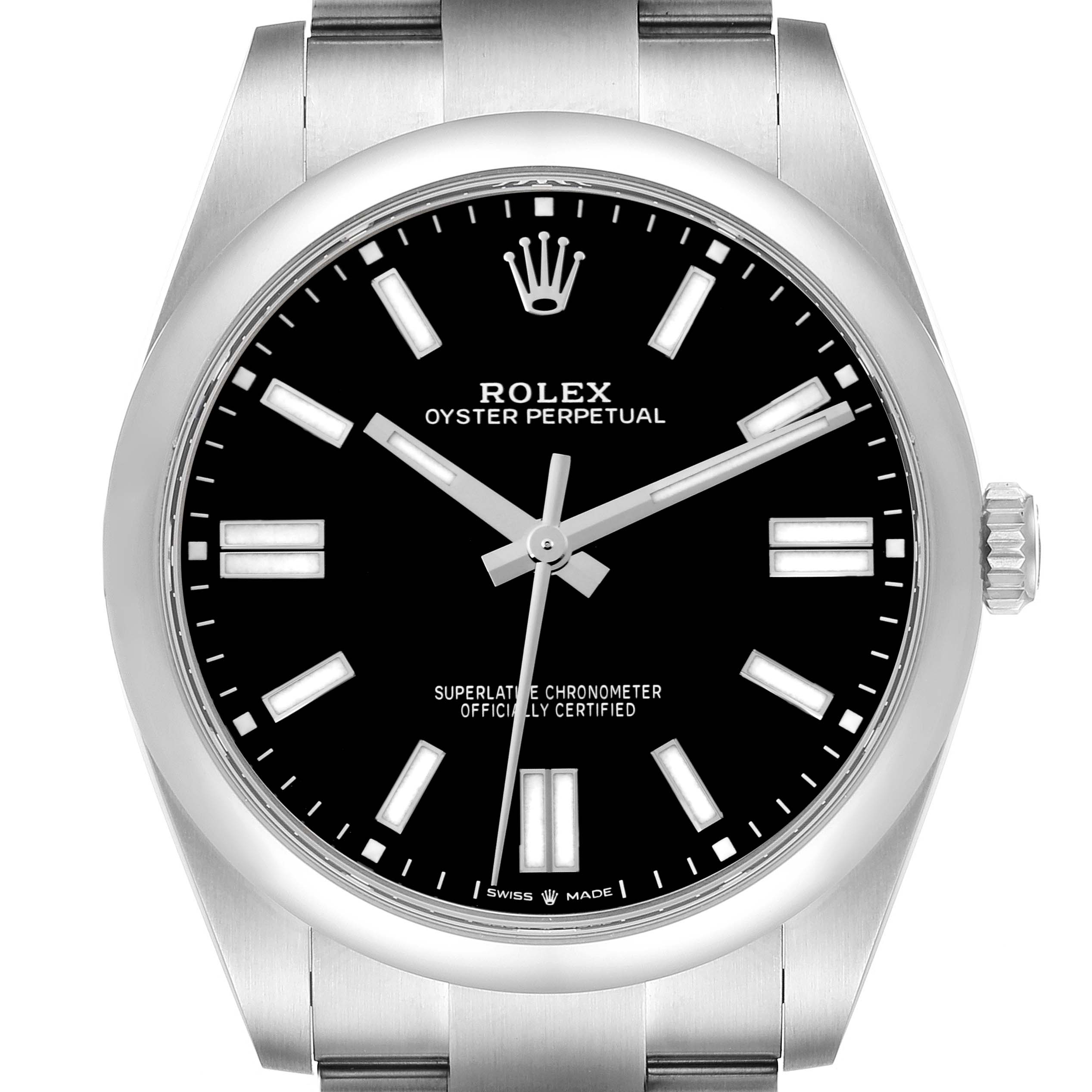 The Rolex Oyster Perpetual 124300 Men's Stainless Steel Black Dial 124300 Men's Stainless Steel Black Dial watch is shown from a front angle, highlighting the face, bezel, and part of the bracelet.