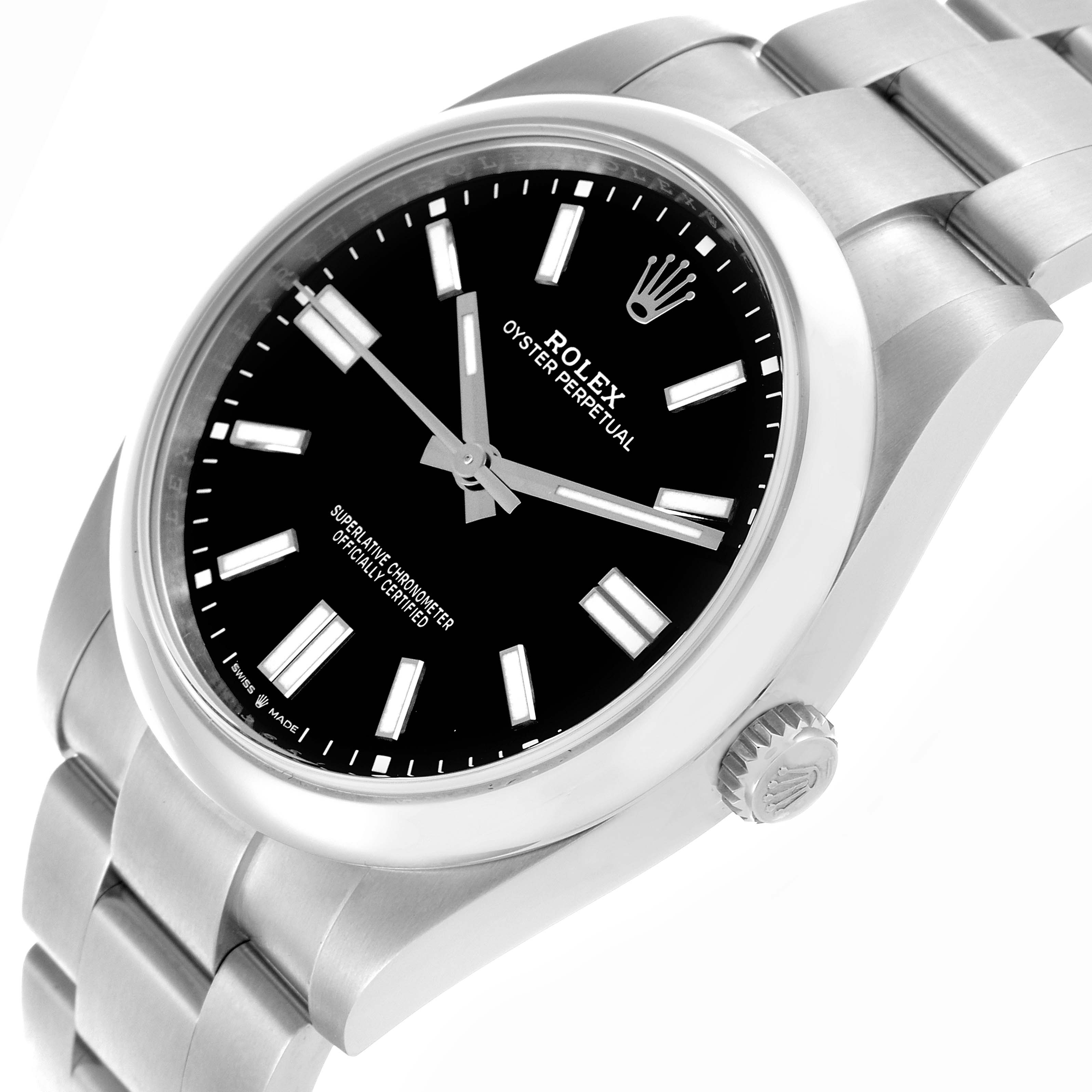 The Rolex Oyster Perpetual 124300 Men's Stainless Steel Black Dial 124300 Men's Stainless Steel Black Dial watch is shown at an angle highlighting the dial, crown, and bracelet.