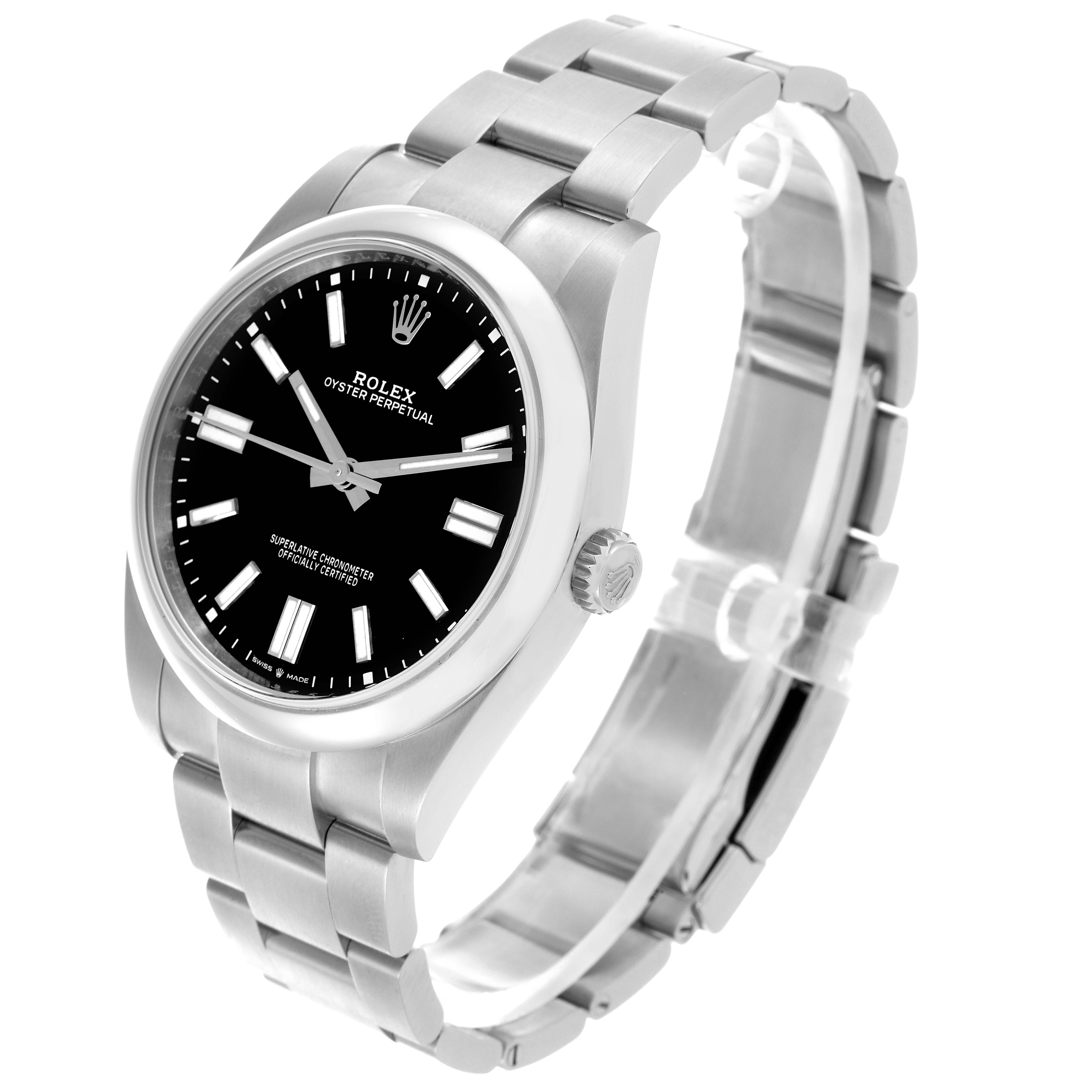 The Rolex Oyster Perpetual 124300 Men's Stainless Steel Black Dial 124300 Men's Stainless Steel Black Dial watch is shown at a three-quarter angle, highlighting the face, bracelet, and crown.