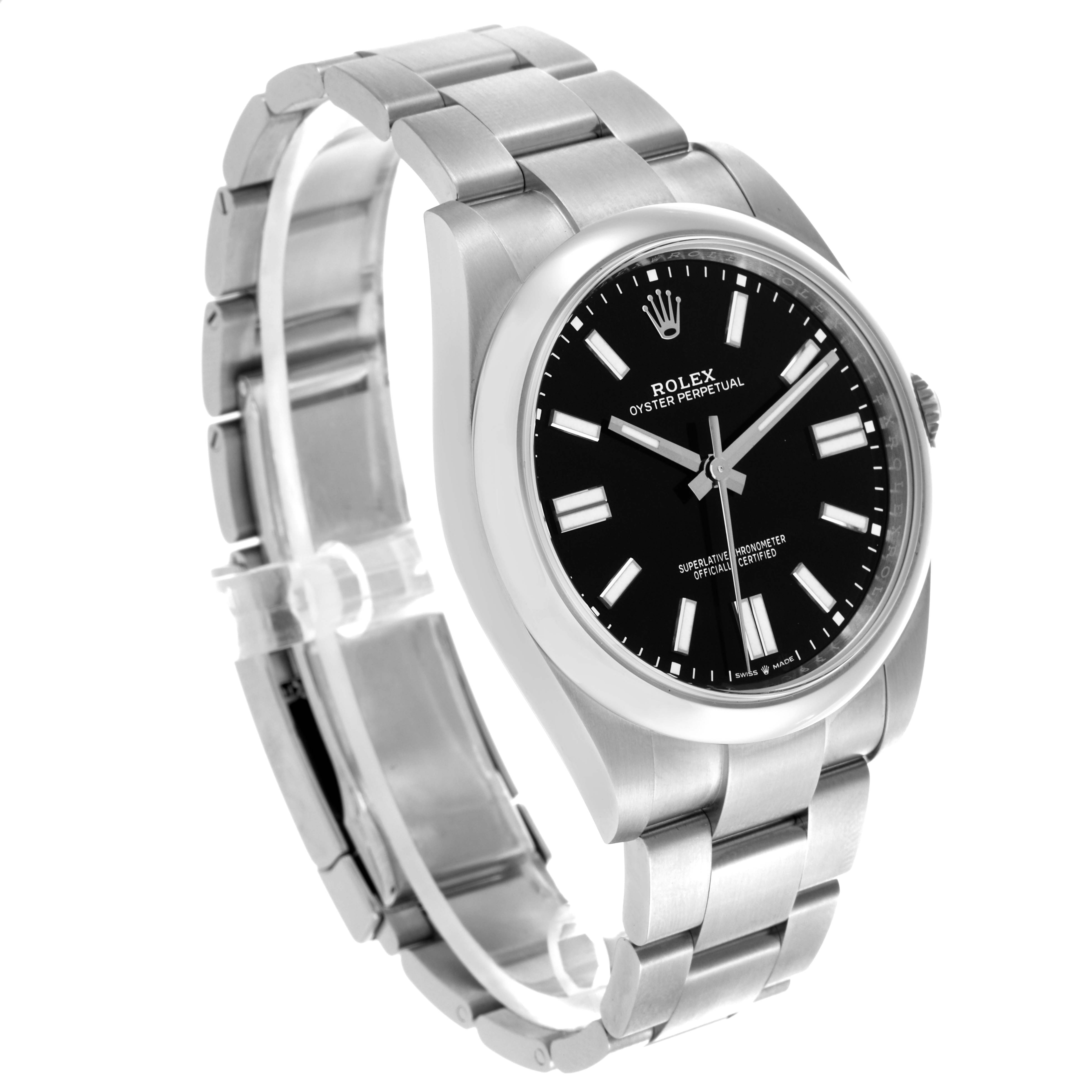 The Rolex Oyster Perpetual 124300 Men's Stainless Steel Black Dial 124300 Men's Stainless Steel Black Dial watch is shown at a three-quarter angle, displaying the face, bezel, and bracelet.