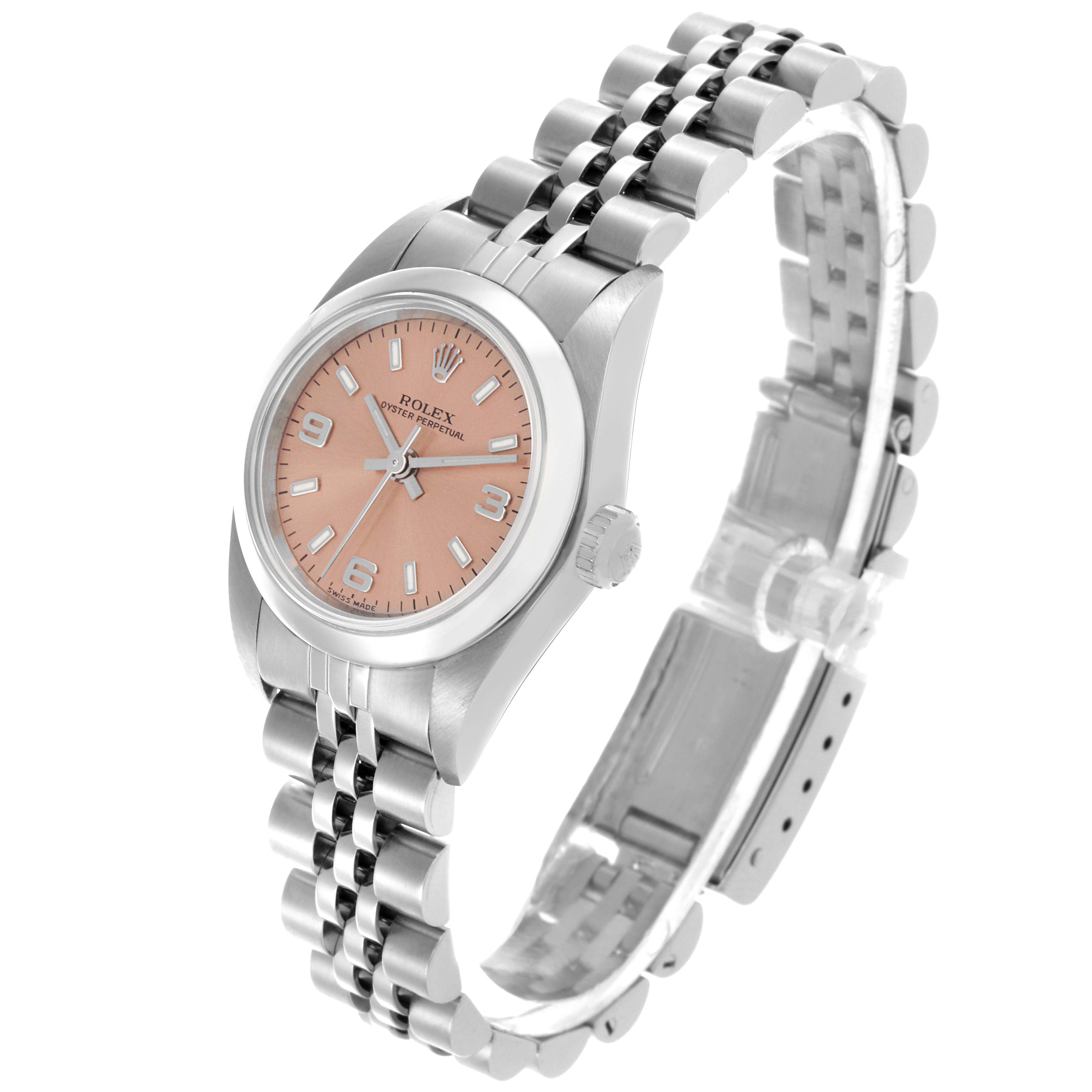The Rolex Oyster Perpetual 76080 Women's Stainless Steel Orange Dial 76080 Women's Stainless Steel Orange Dial watch is shown at a three-quarter angle, highlighting the face, bezel, crown, and bracelet.