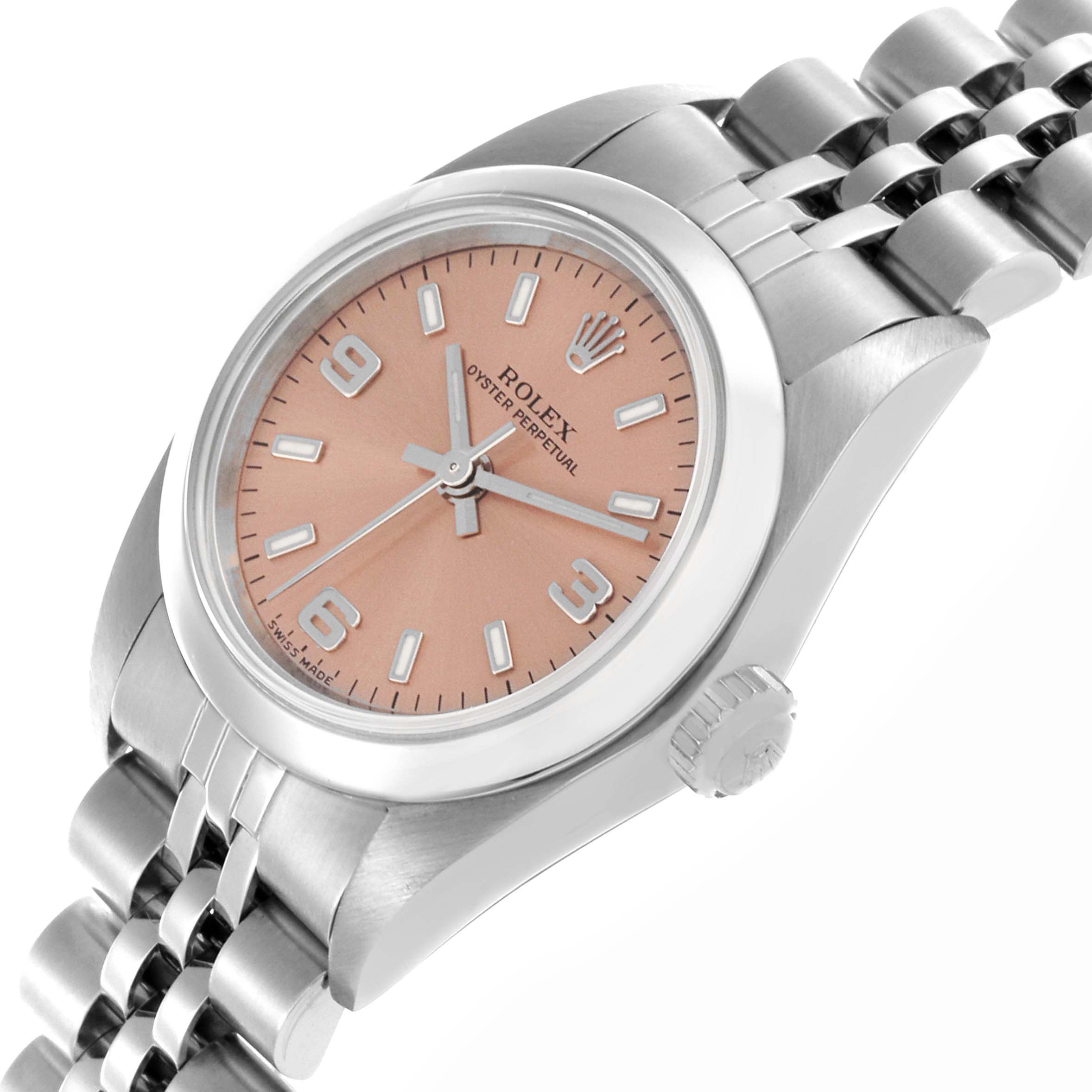 The Rolex Oyster Perpetual 76080 Women's Stainless Steel Orange Dial 76080 Women's Stainless Steel Orange Dial watch is shown at an angled view, highlighting the dial, case, crown, and part of the bracelet.