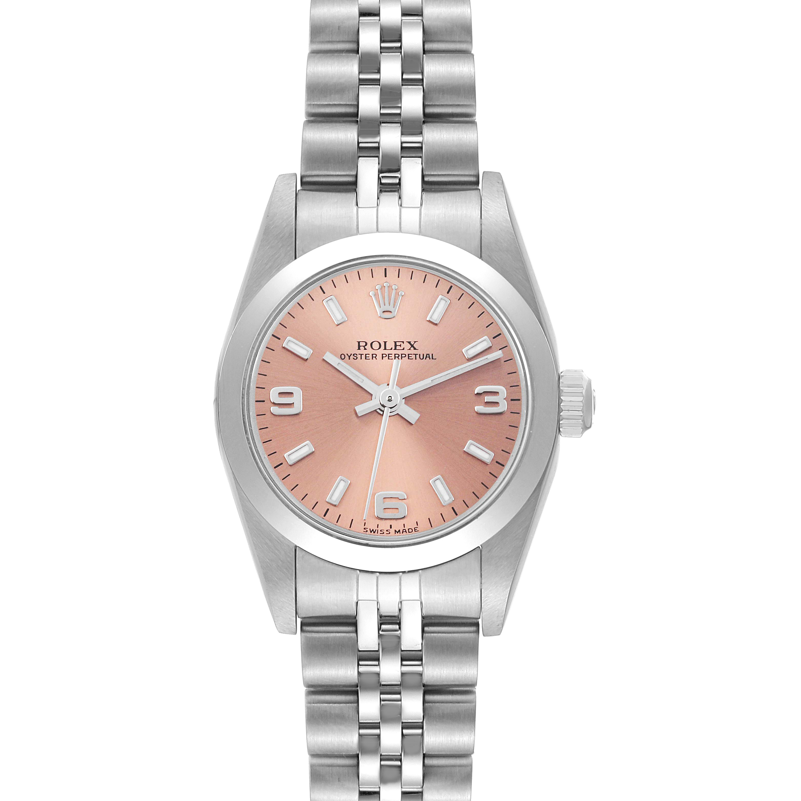The Rolex Oyster Perpetual 76080 Women's Stainless Steel Orange Dial 76080 Women's Stainless Steel Orange Dial is shown from a top view, highlighting the pink dial, hands, indices, and full stainless steel bracelet.