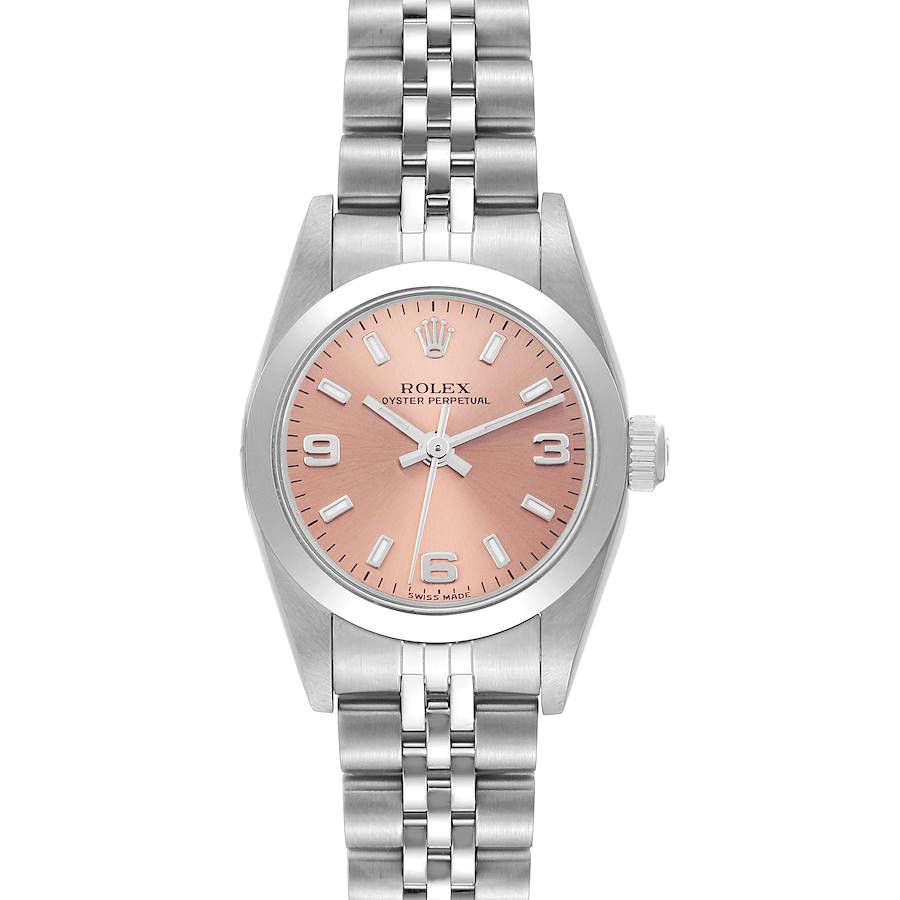 The Rolex Oyster Perpetual is shown from a top view, highlighting the pink dial, hands, indices, and full stainless steel bracelet.